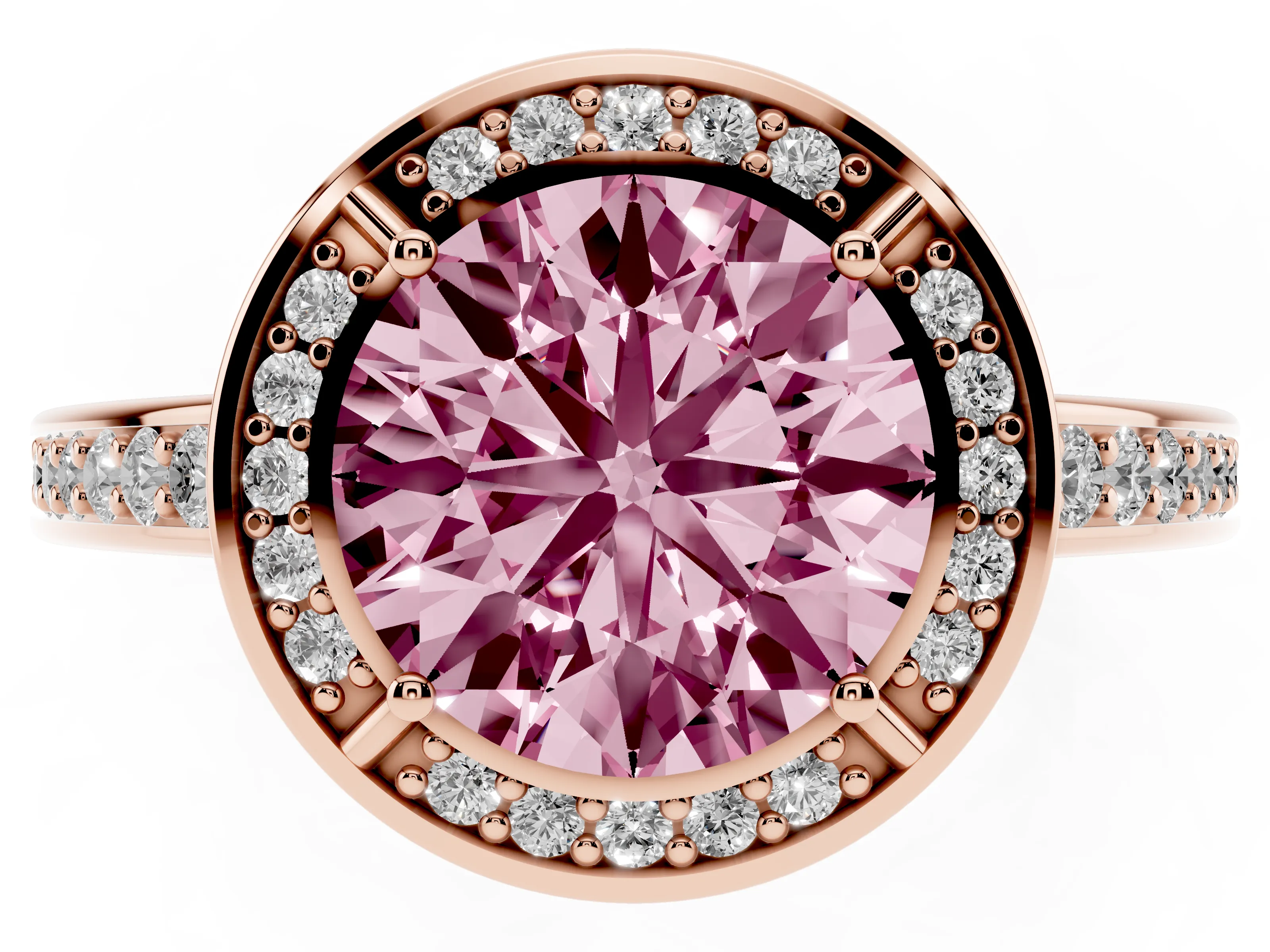 Fancy Pink Round Cut Diamond Halo Pavé Split Shank Ring Set in Rose gold with Prong Setting