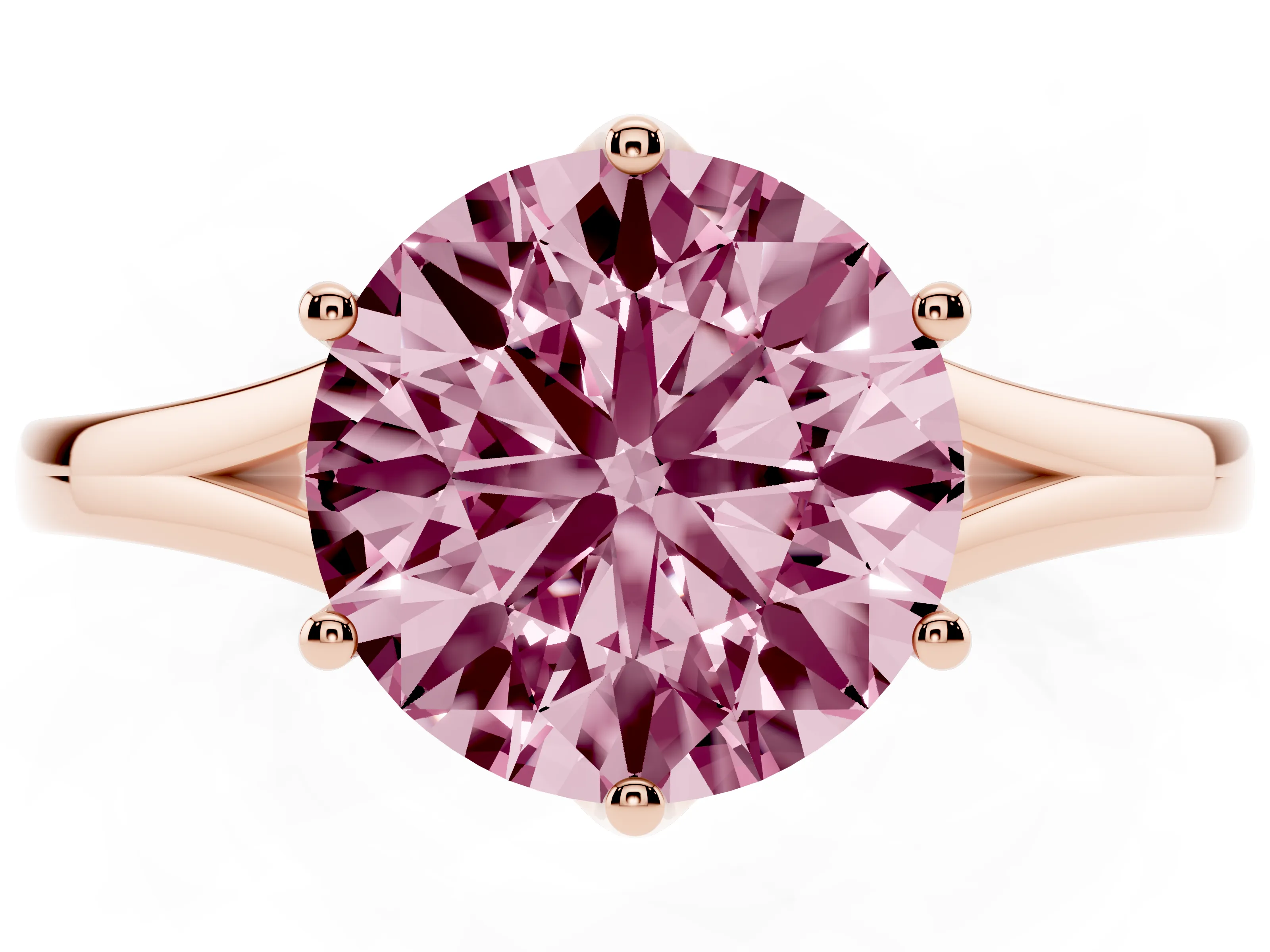 Fancy Pink Round Cut Diamond Solitaire Ring Set in Rose gold with Polished Tapered Band and Prong Setting