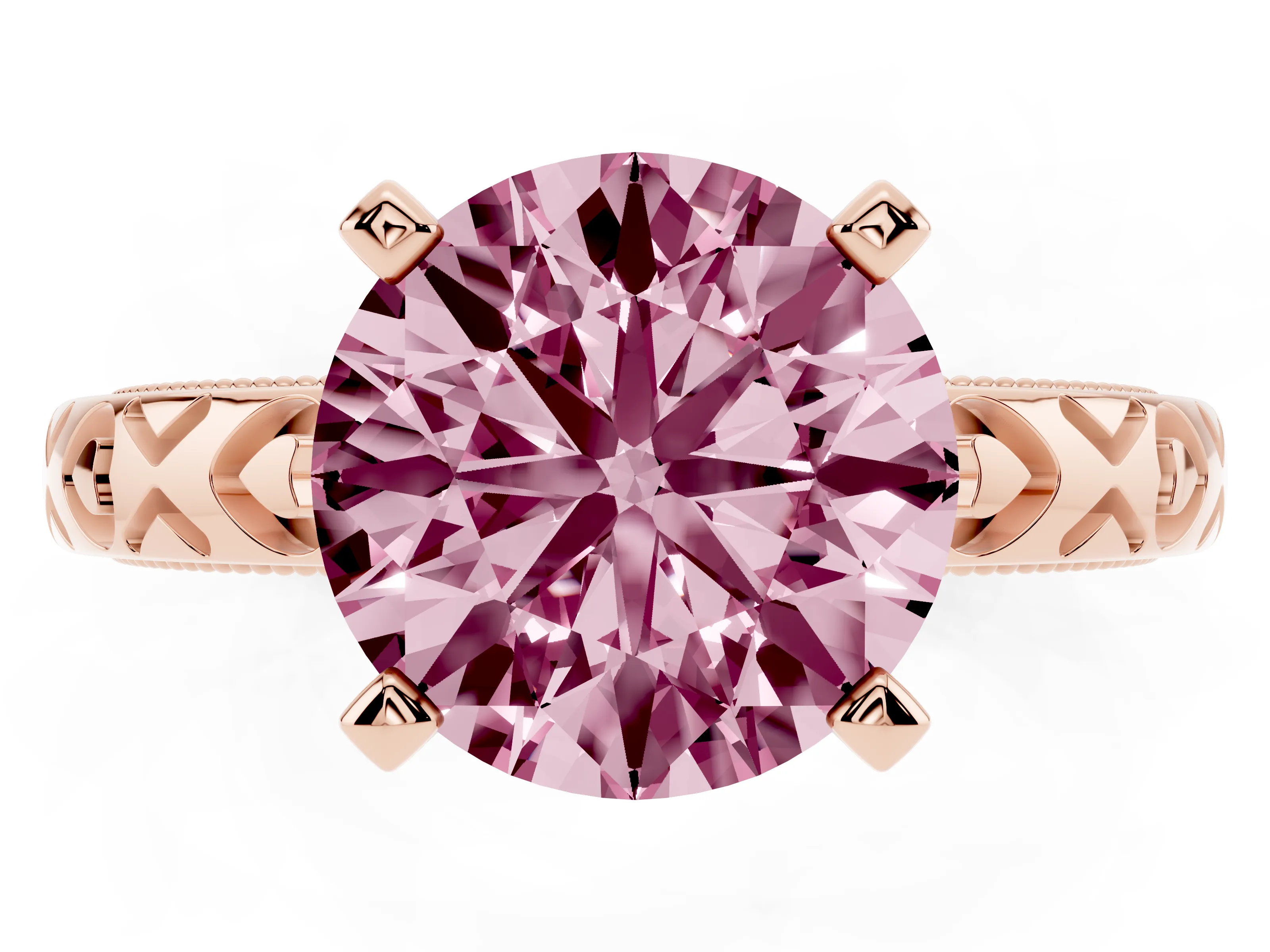 Fancy Pink Round Cut Diamond Solitaire Engagement Ring Set in Rose gold with XO Engraved Band and Prong Setting