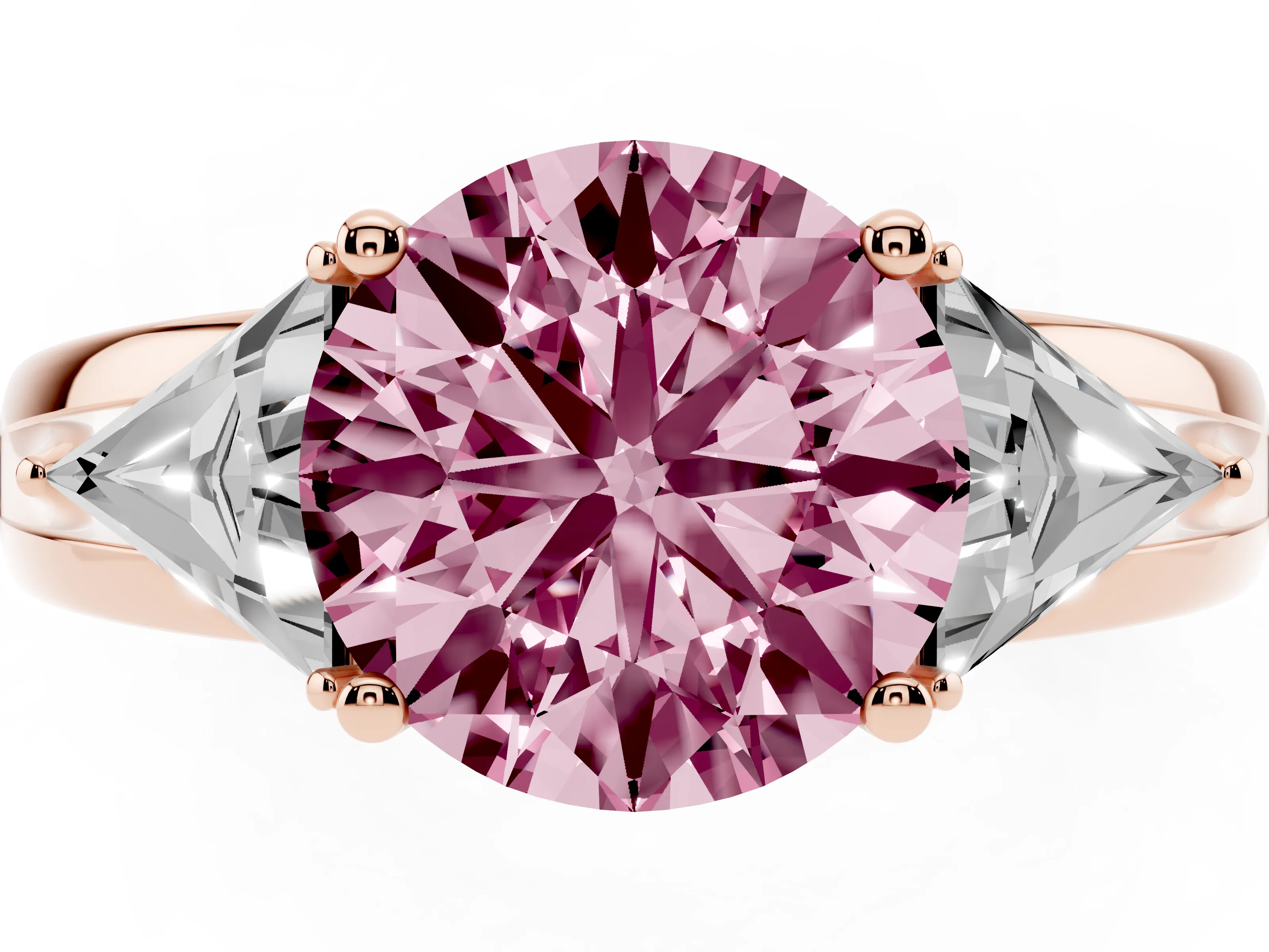Fancy Pink Round Cut Diamond Three-Stone Ring Set in Rose gold with Trillion Side Stones and Split Shank