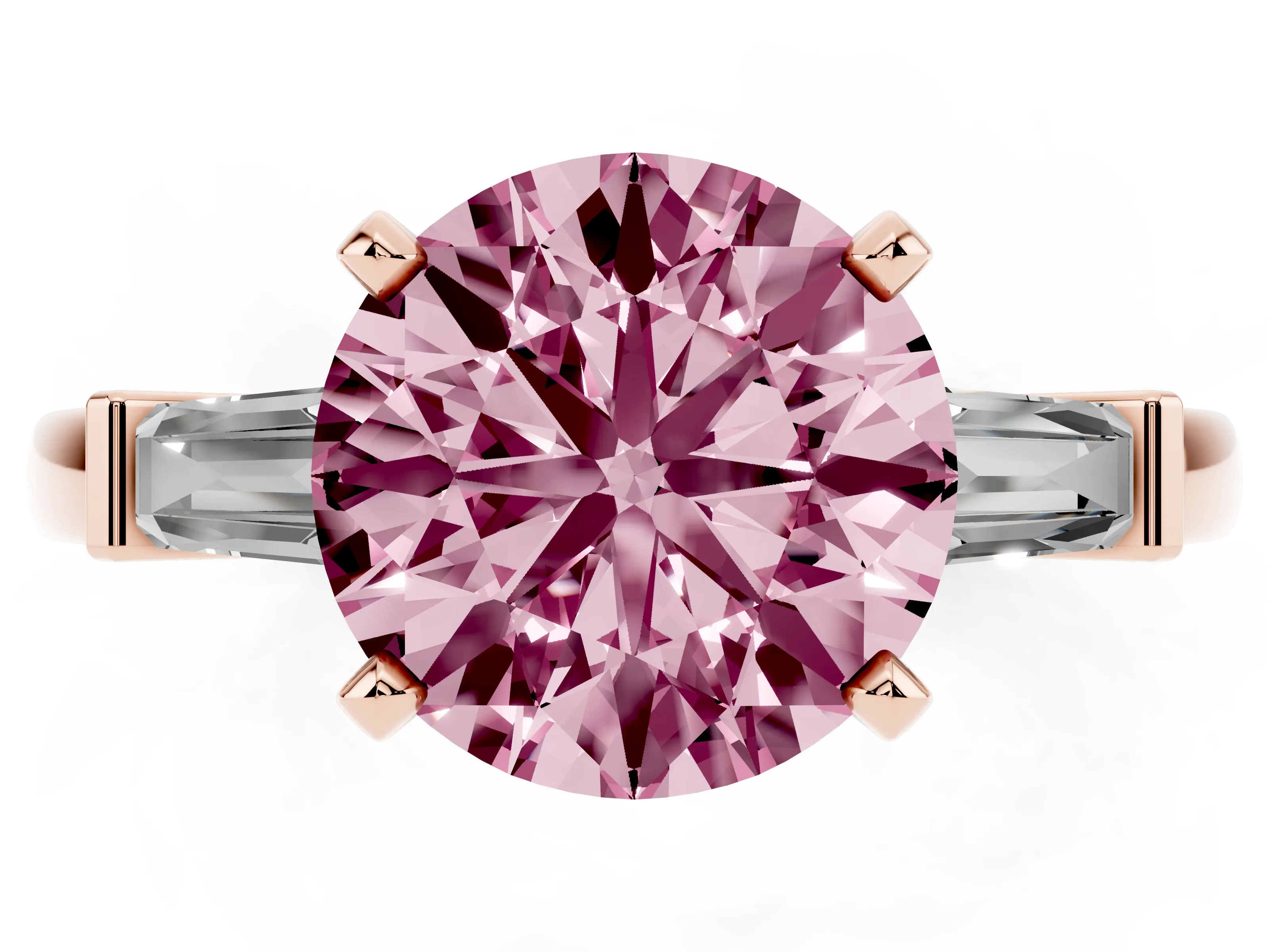 Fancy Pink Round Cut Diamond Solitaire Ring Set in Rose gold with Tapered Baguette Accents and Prong Setting