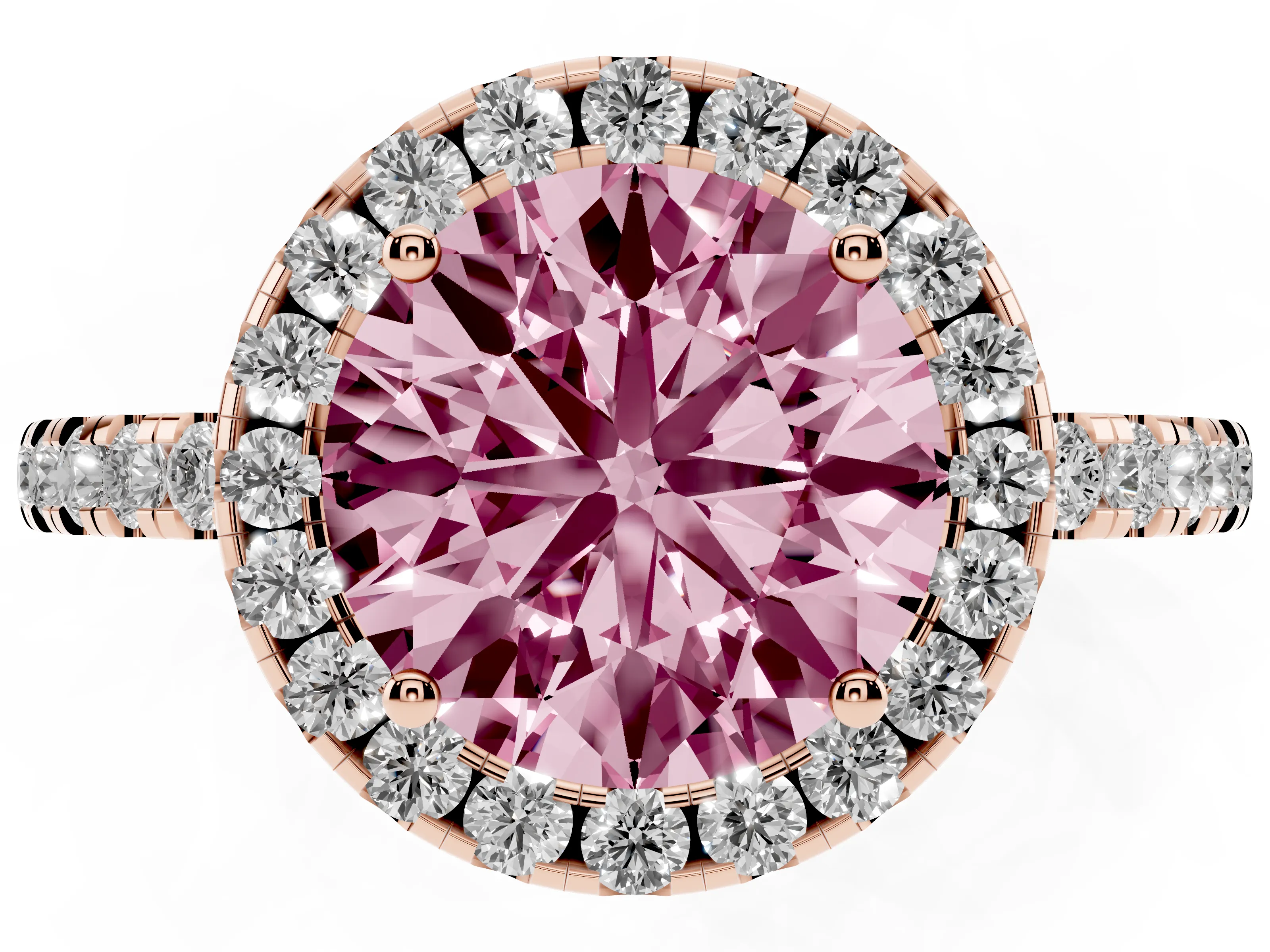 Fancy Pink Round Cut Diamond Pavé Band Halo Engagement Ring Set in Rose gold with Prong Setting