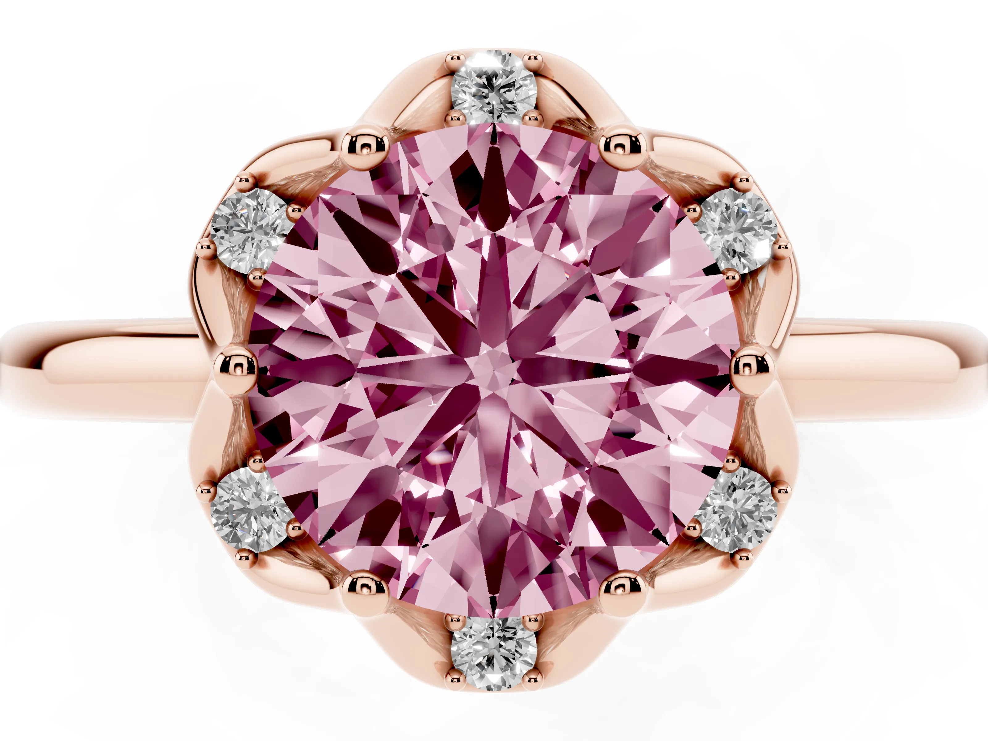 Fancy Pink Round Cut Diamond Round Cluster Halo Ring Set in Rose gold with Solitaire Band and Prong Setting