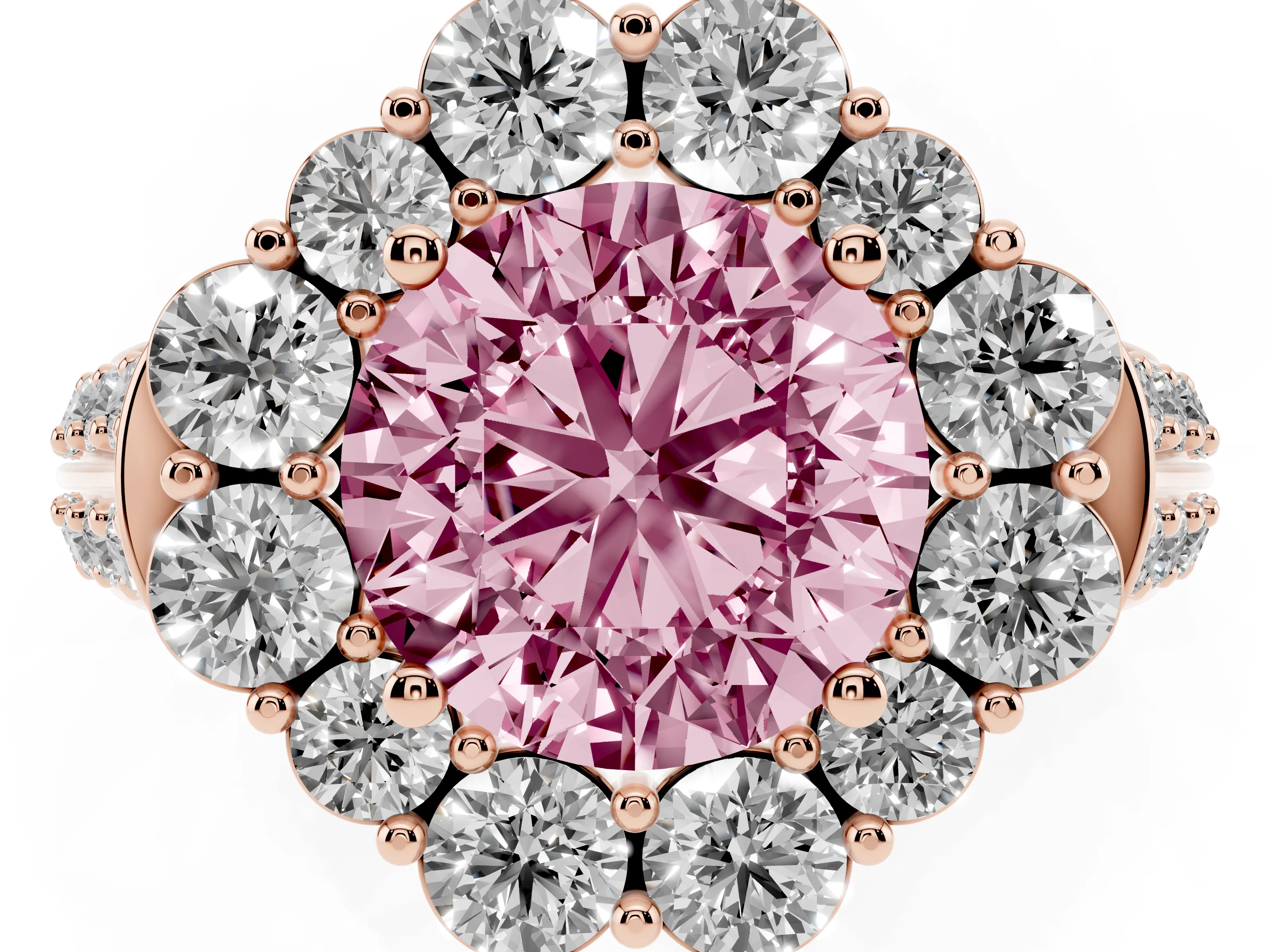 Fancy Pink Round Cut Diamond Halo Engagement Ring Set in Rose gold with Split Shank and Prong Setting