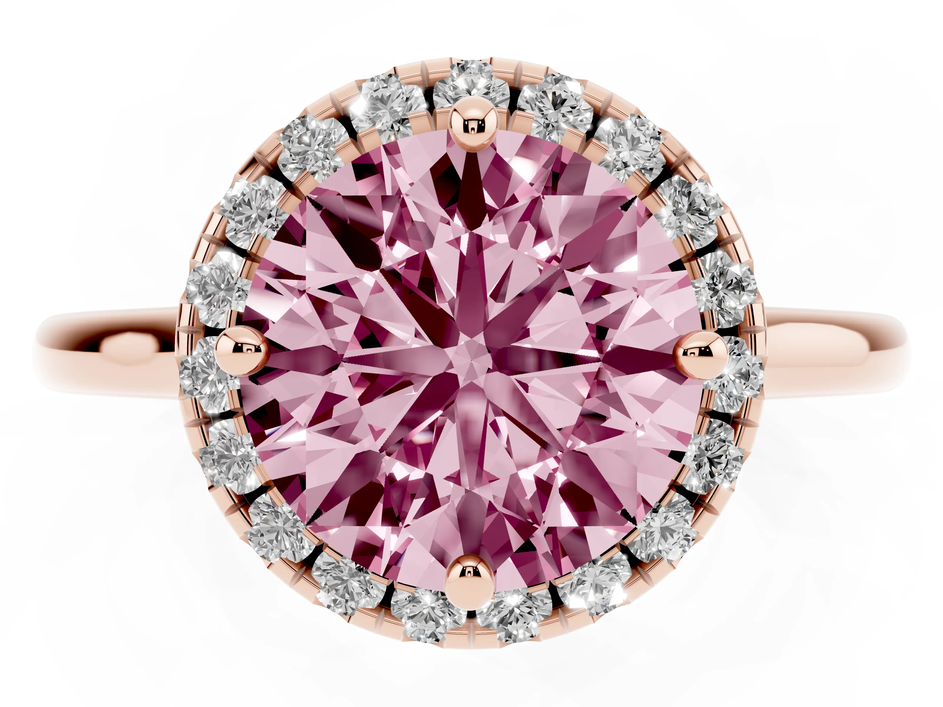 Fancy Pink Round Cut Diamond Halo Engagement Ring Set in Rose gold with Pavé Band and Rising Shoulders