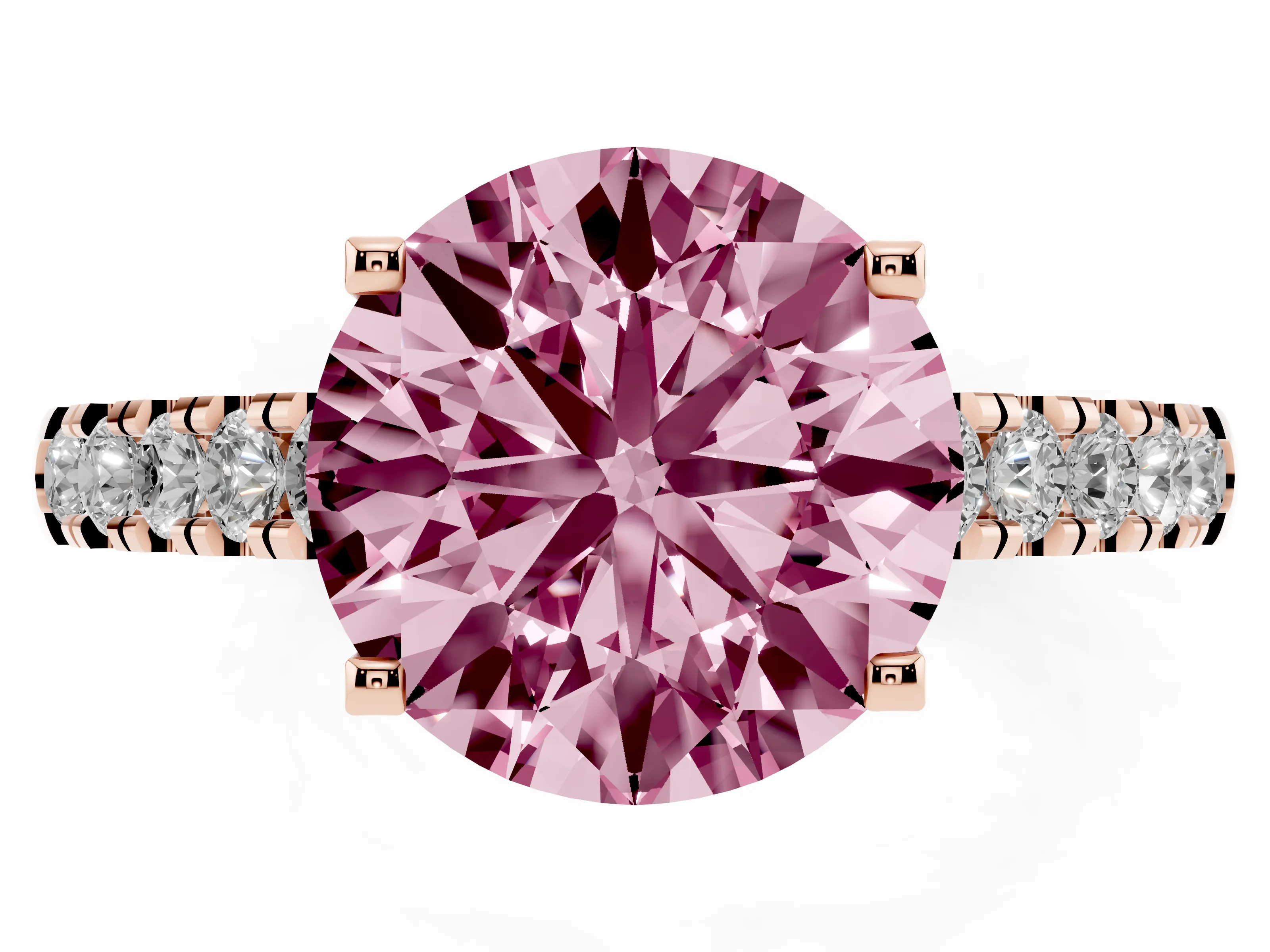 Fancy Pink Round Cut Diamond Pavé Band Solitaire Ring Set in Rose gold with Partway Accent Stones and Prong Setting
