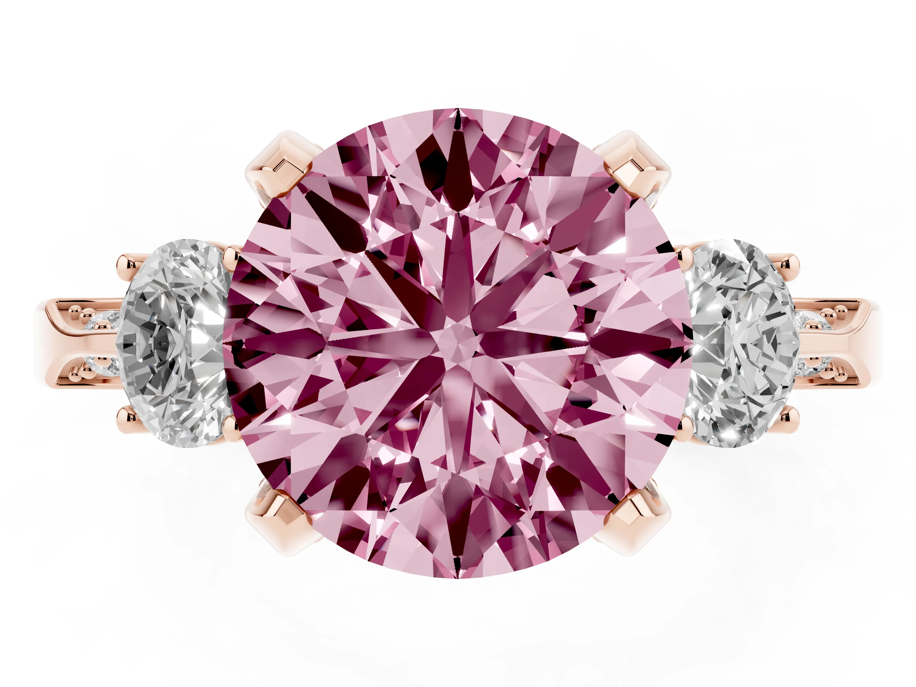 Fancy Pink Round Cut Diamond Three-Stone Ring Set in Rose gold with Pavé Band and Smaller Side Stones
