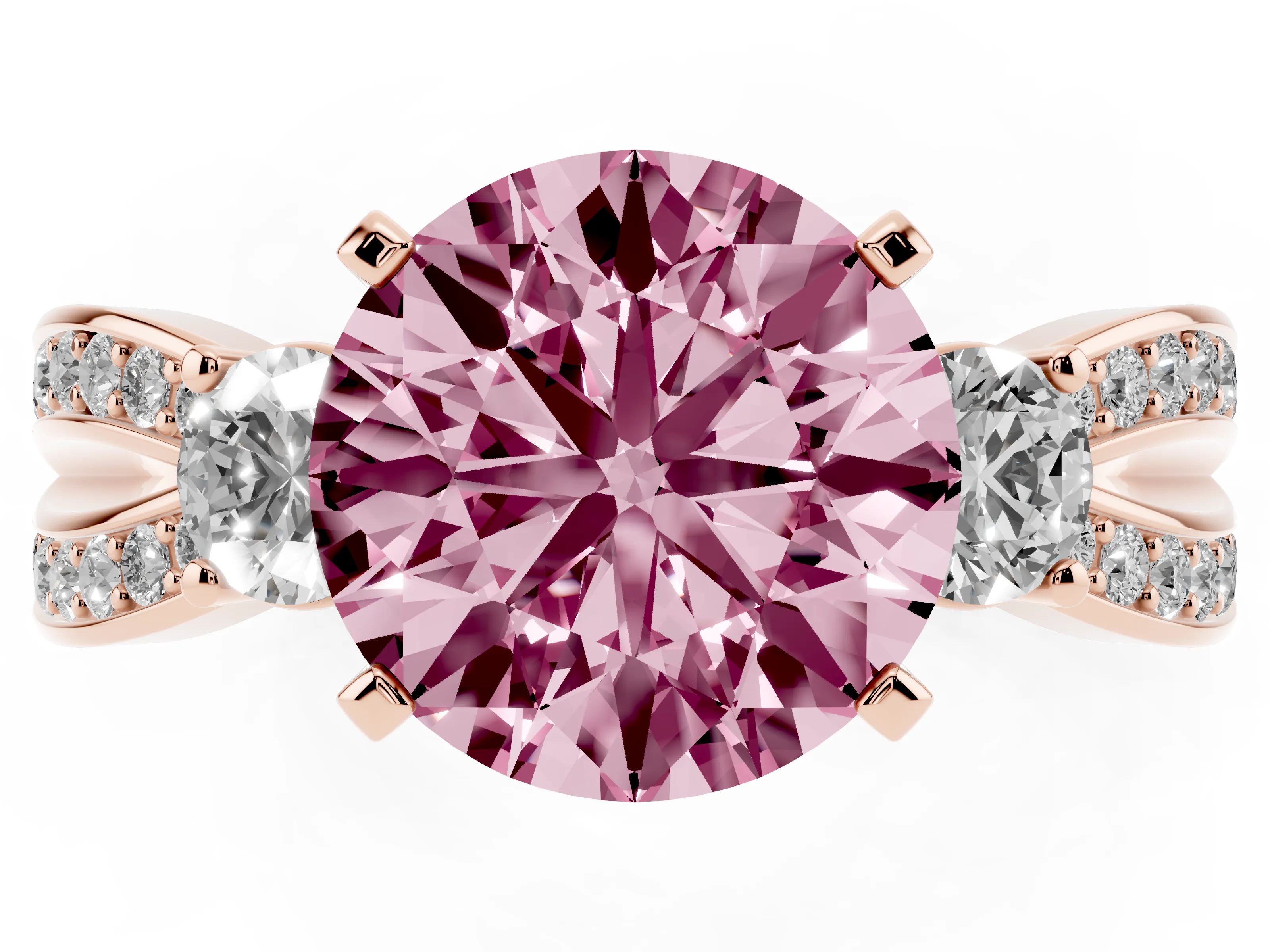 Fancy Pink Three-Stone Round Cut Diamond Twist Band Ring Set in Rose gold with Pavé Accents and Prong Setting