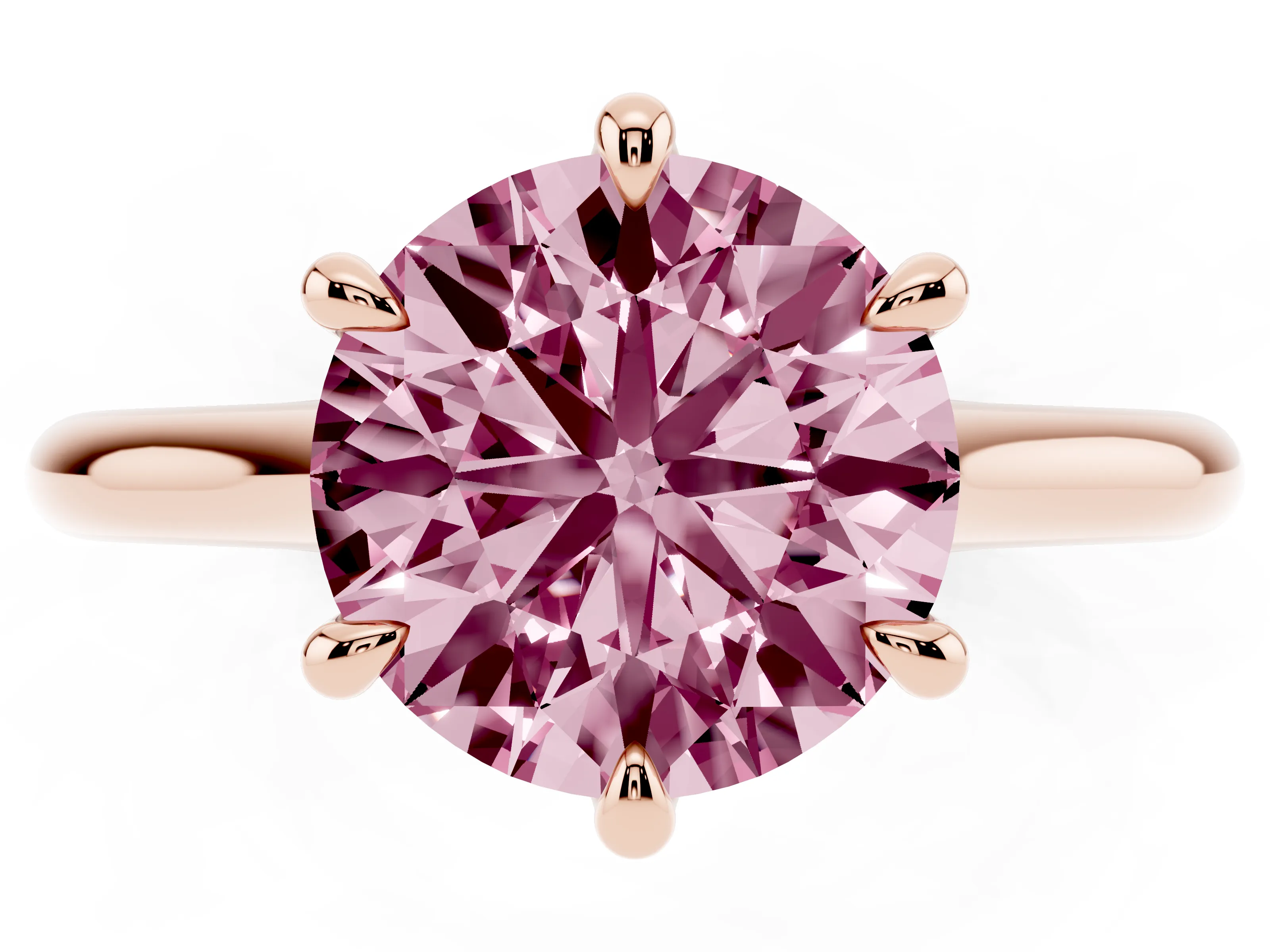 Fancy Pink Round Cut Diamond Solitaire Engagement Ring Set in Rose gold with Prong Setting and Plain Classic Band