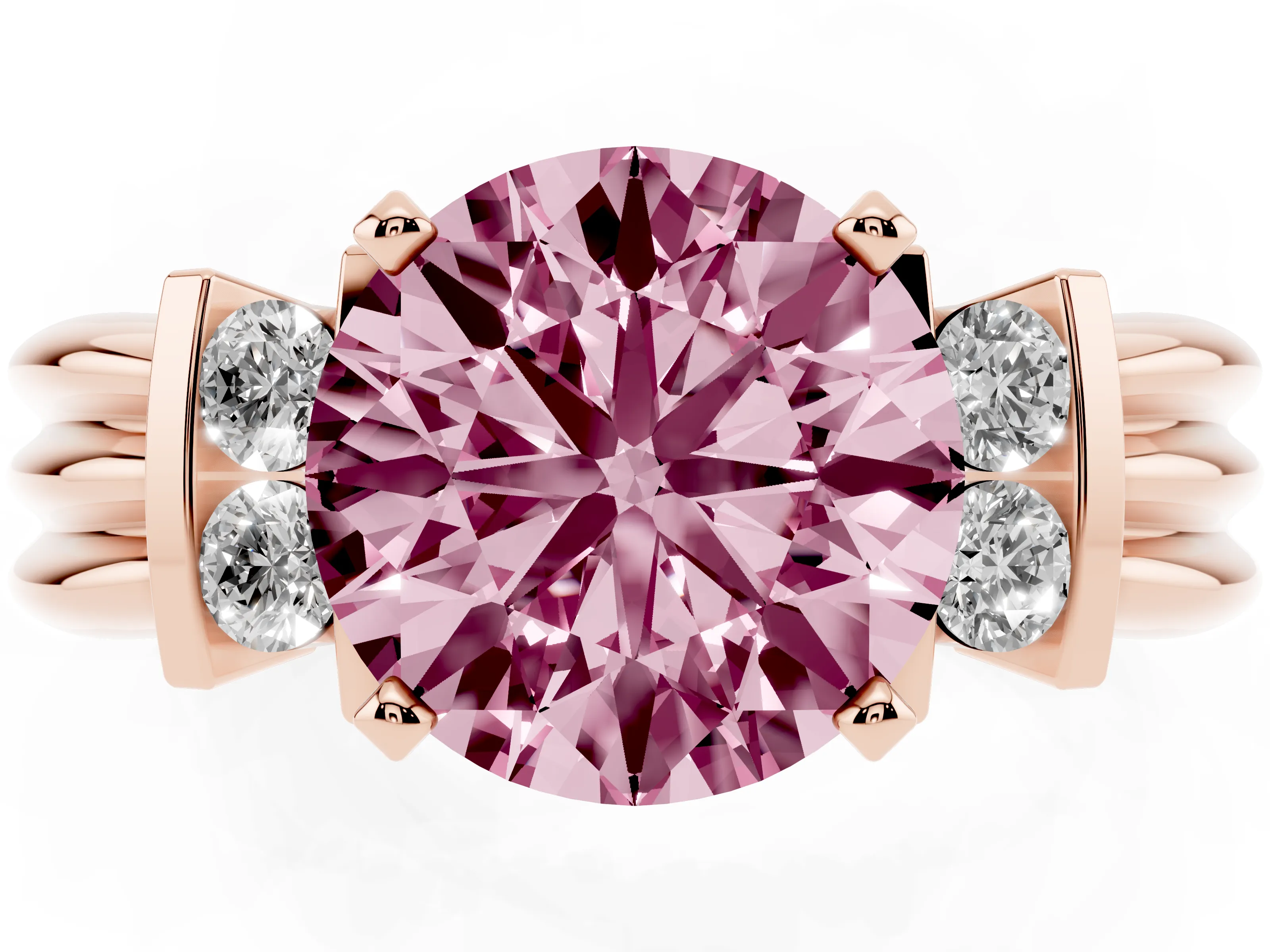 Fancy Pink Three-Stone Round Cut Diamond Channel Set Ring Set in Rose gold with Bar Prongs