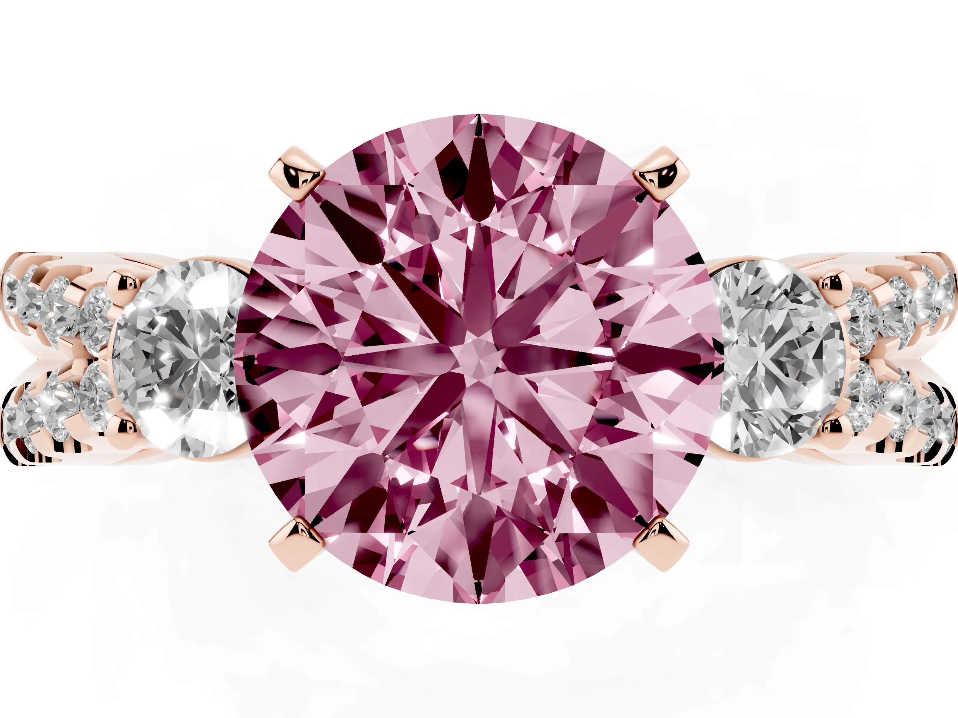 Fancy Pink Round Cut Diamond Three-Stone Ring Set in Rose gold with Pavé Split Shank and Prong Setting