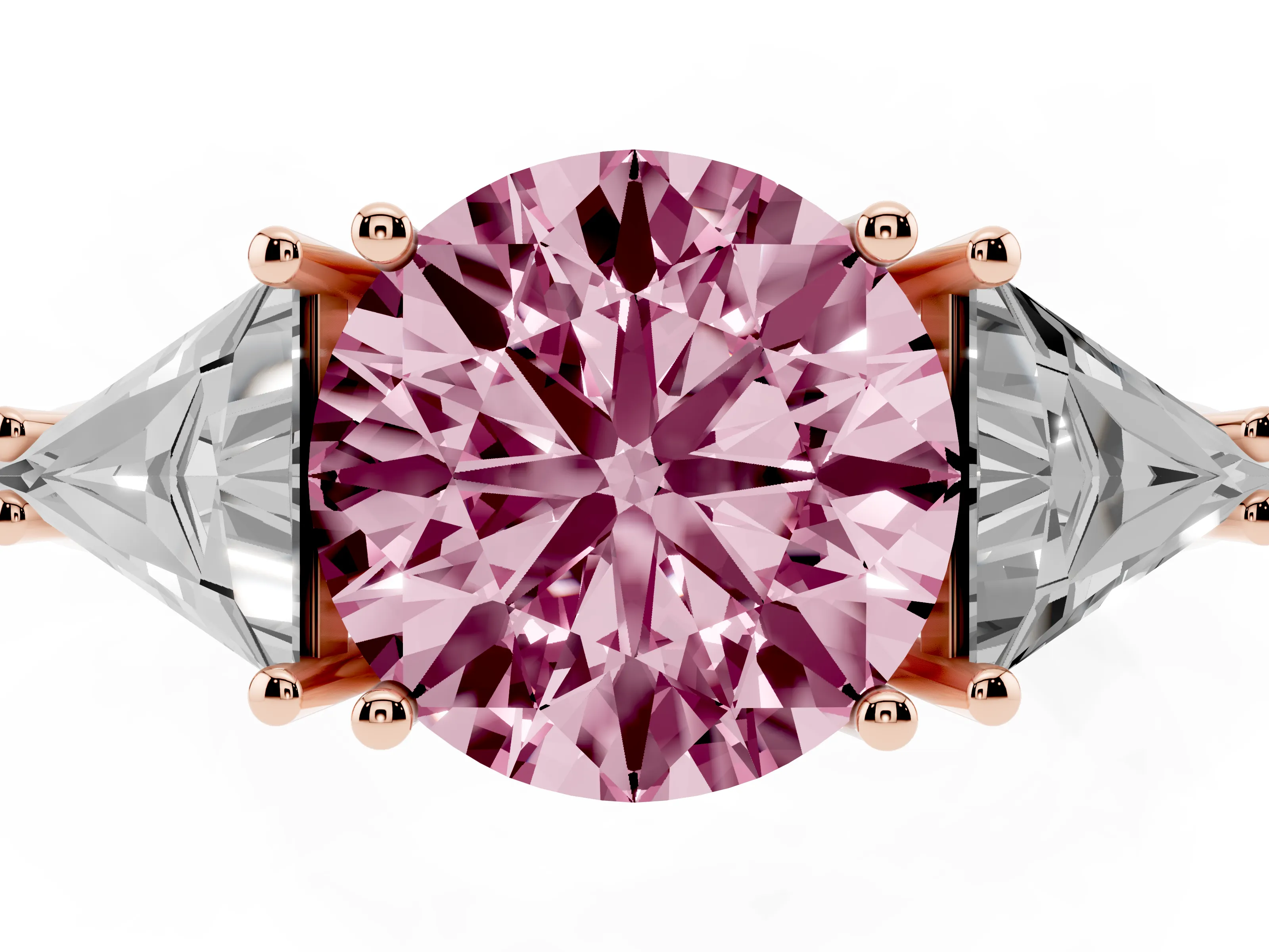 Fancy Pink Round Cut Diamond Three-Stone Engagement Ring Set in Rose gold with Trillion Side Stones