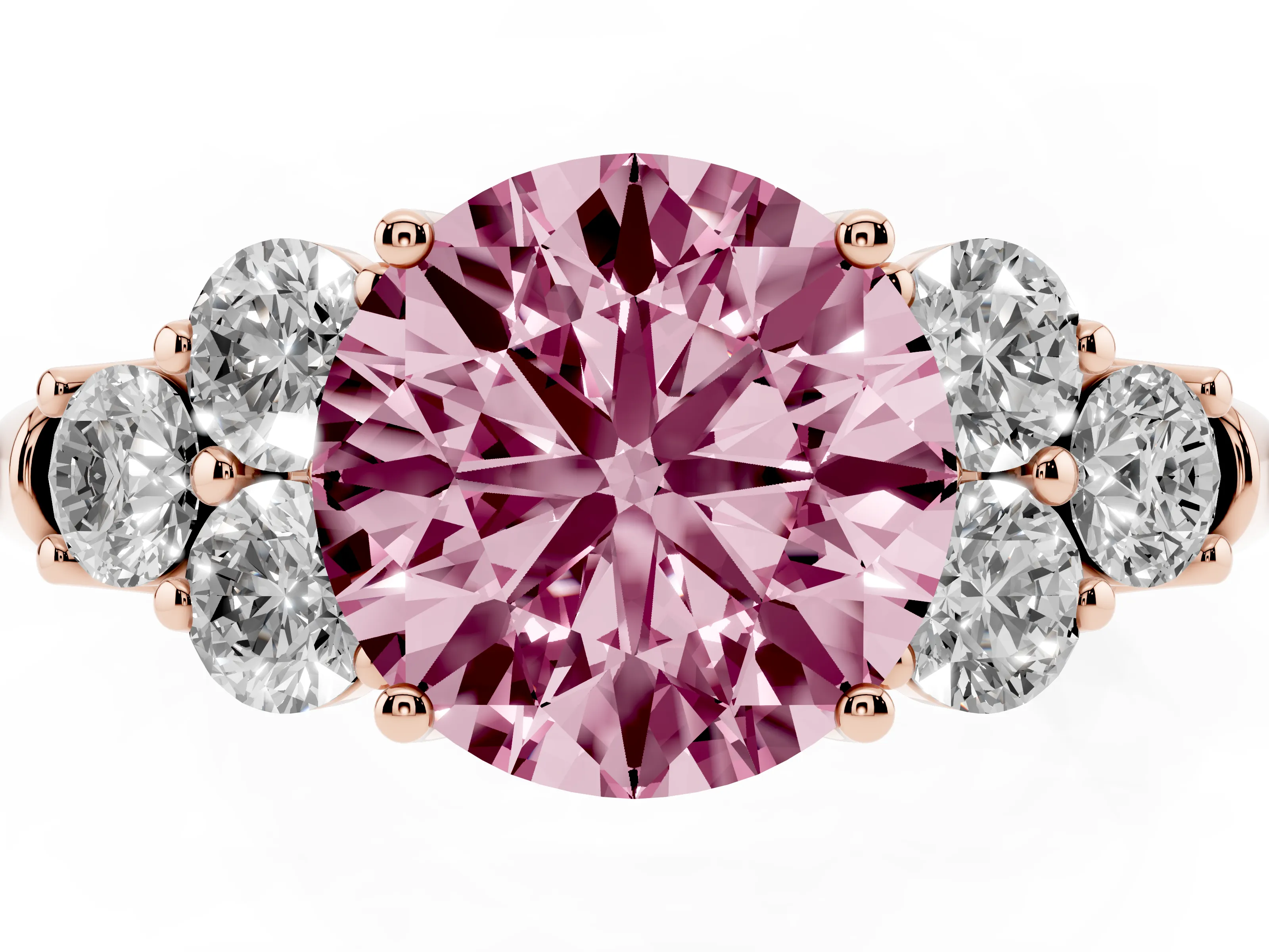 Fancy Pink Round Cut Diamond Cluster Ring Set in Rose gold with Round Accent Stones and Prong Setting on a Plain Band