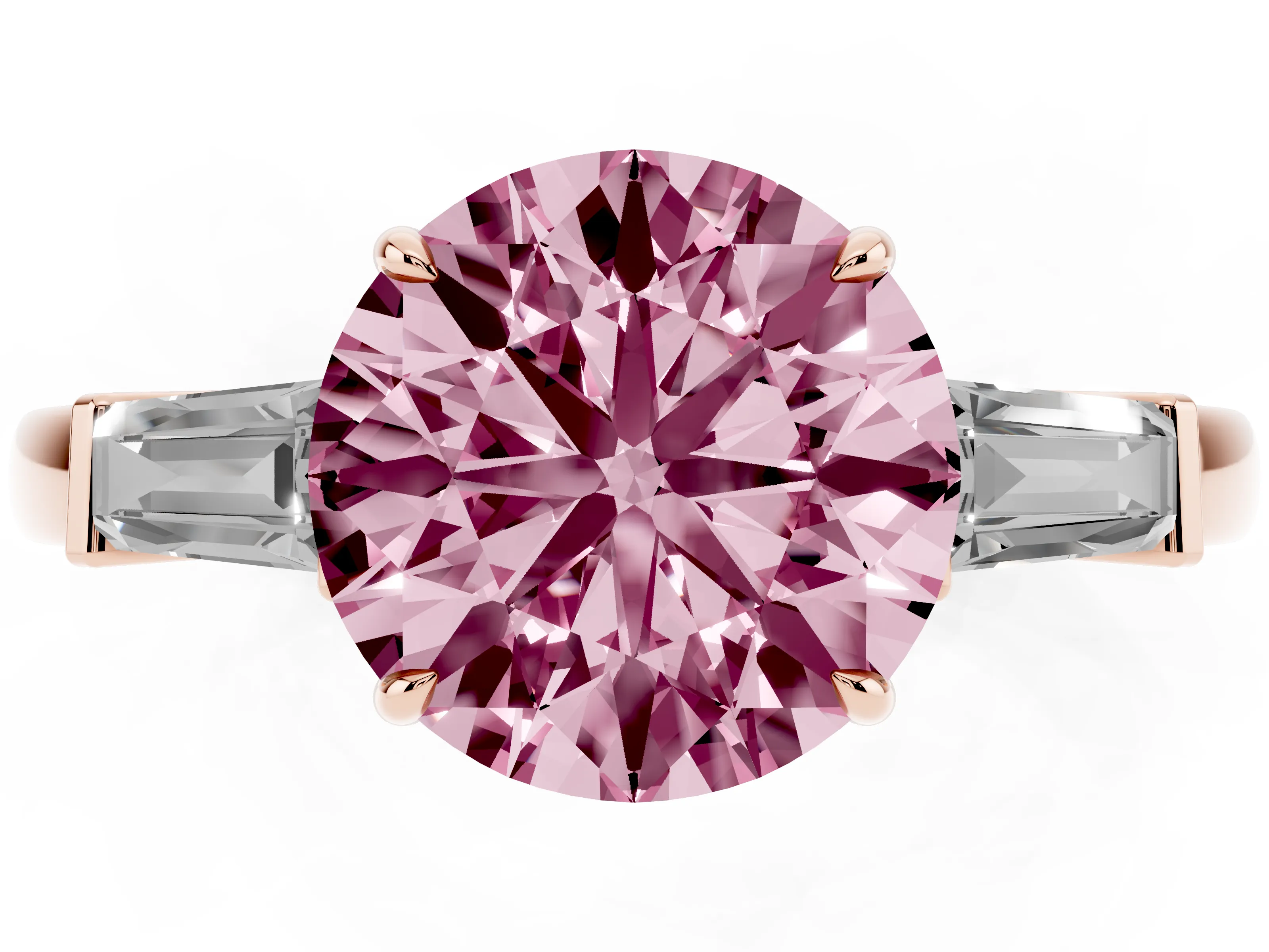Fancy Pink Round Cut Diamond Three-Stone Ring Set in Rose gold with Tapered Baguette Side Stones and Prong Setting