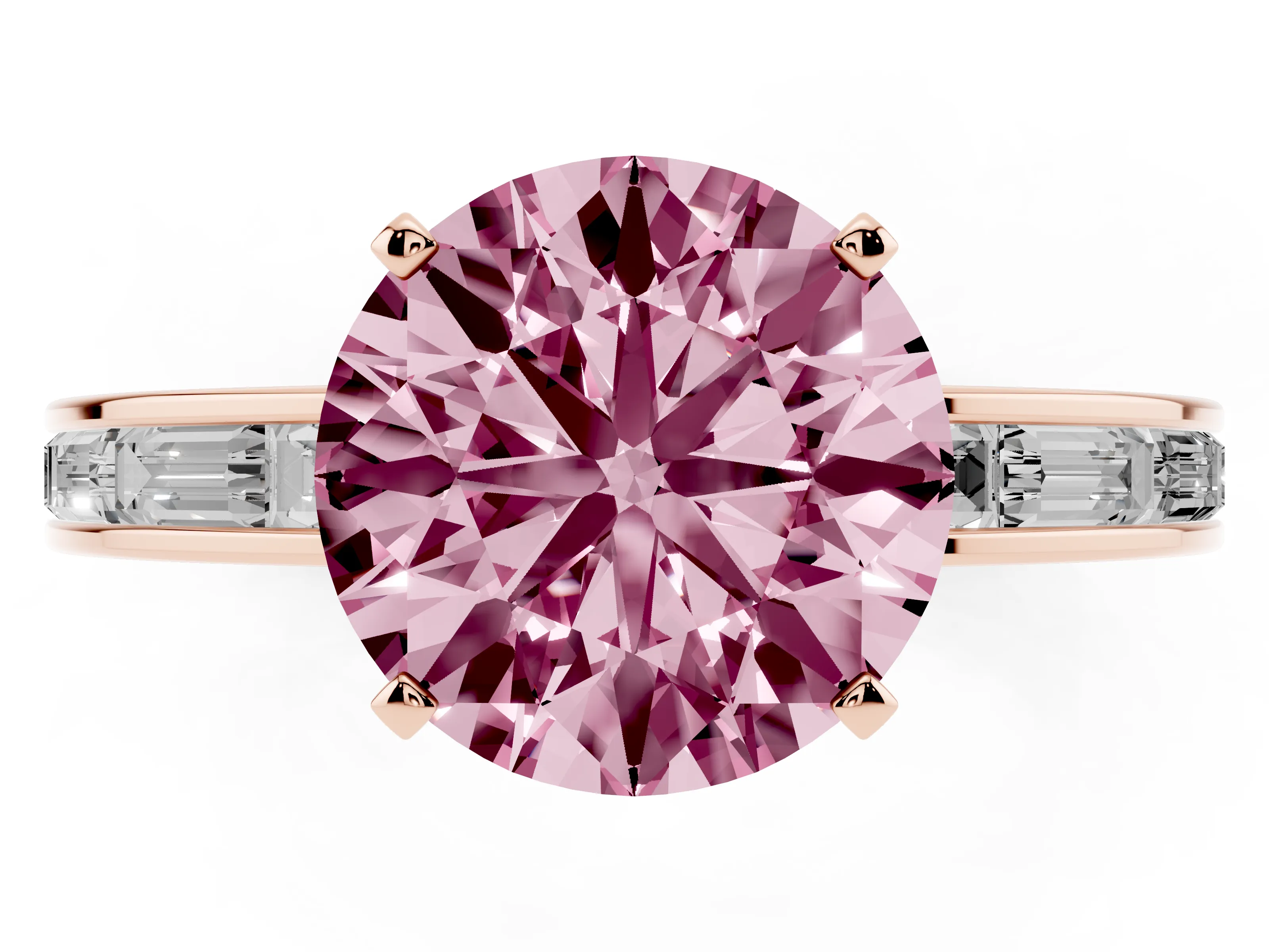 Fancy Pink Round Cut Diamond Solitaire Ring Set in Rose gold with Channel-Set Baguette Band and Prong Setting