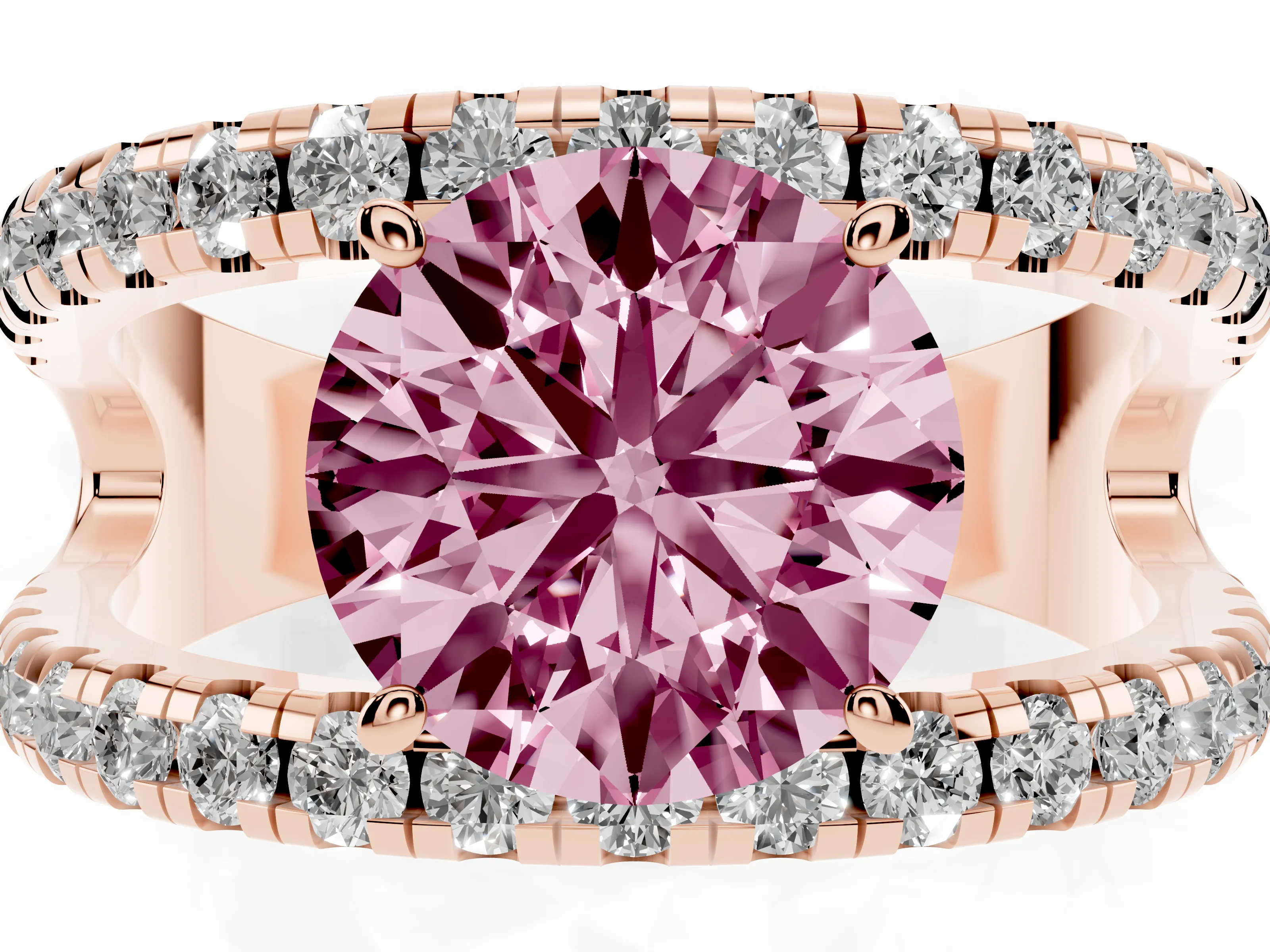 Fancy Pink Round Cut Diamond Split Shank Pavé Solitaire Ring Set in Rose gold with Open Shank Design