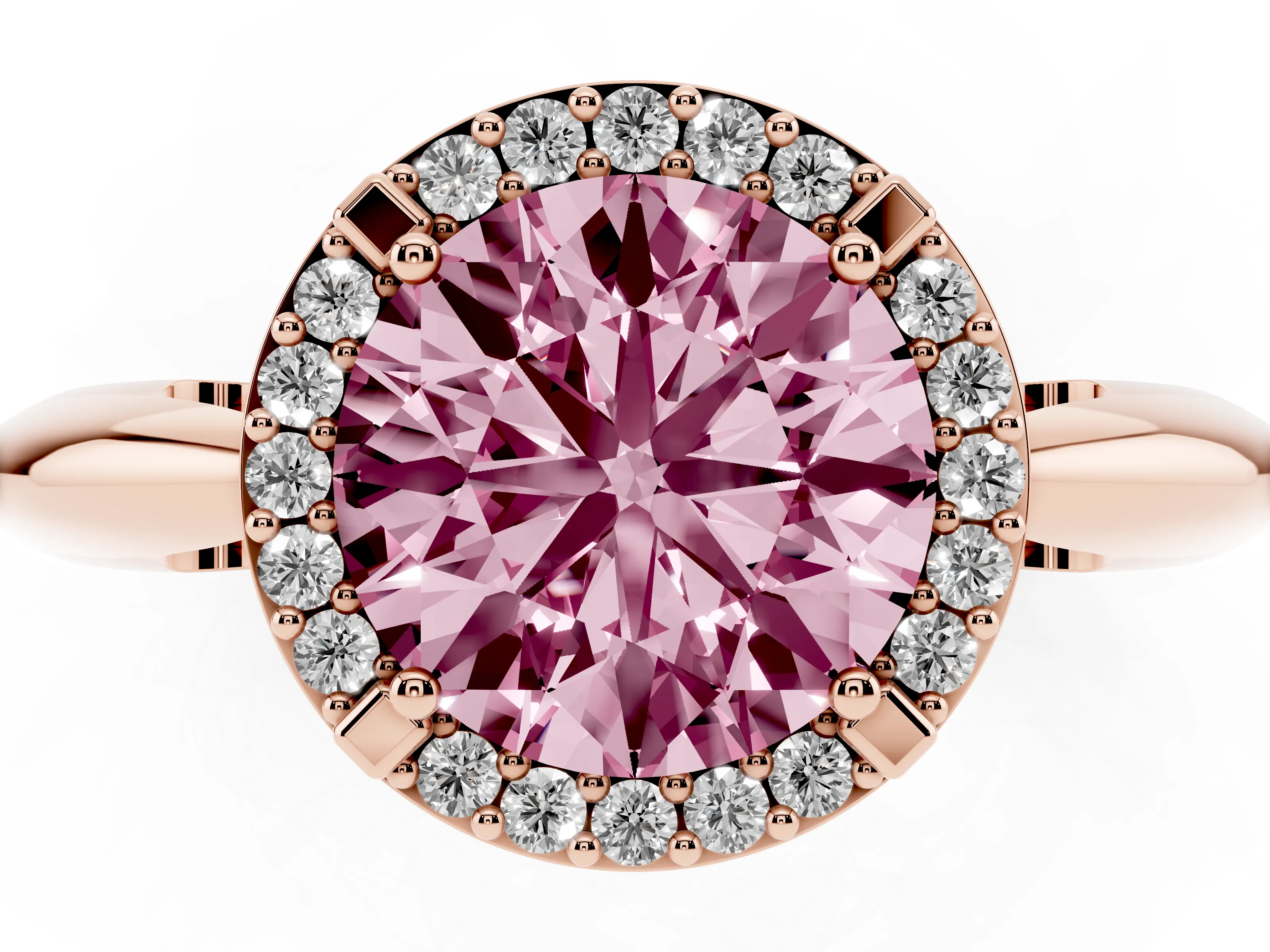 Fancy Pink Round Cut Diamond Halo Engagement Ring Set in Rose gold with Plain Split Shank and Prong Setting