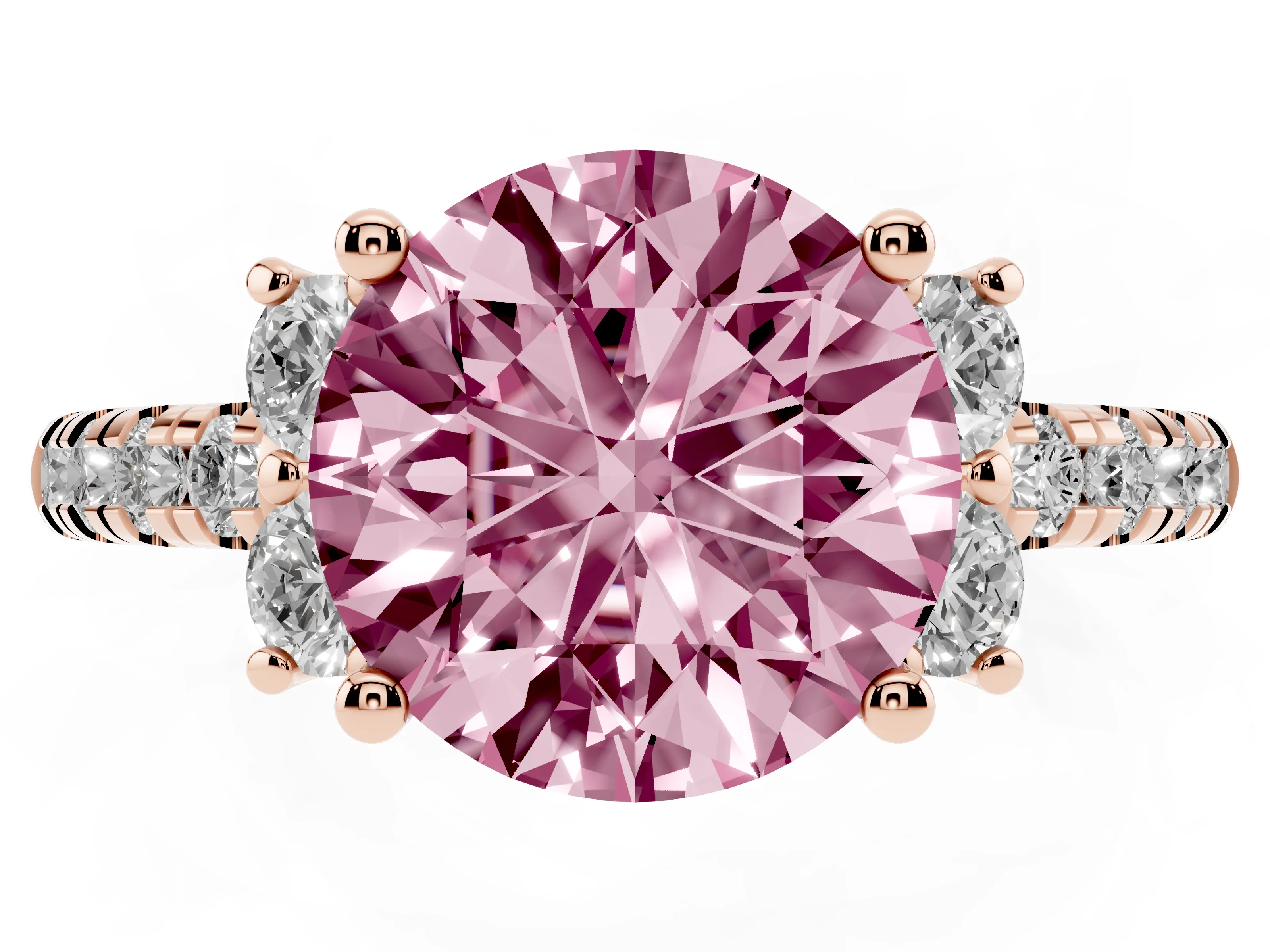 Fancy Pink Round Cut Diamond Three-Stone Pavé Ring Set in Rose gold with Prong Setting
