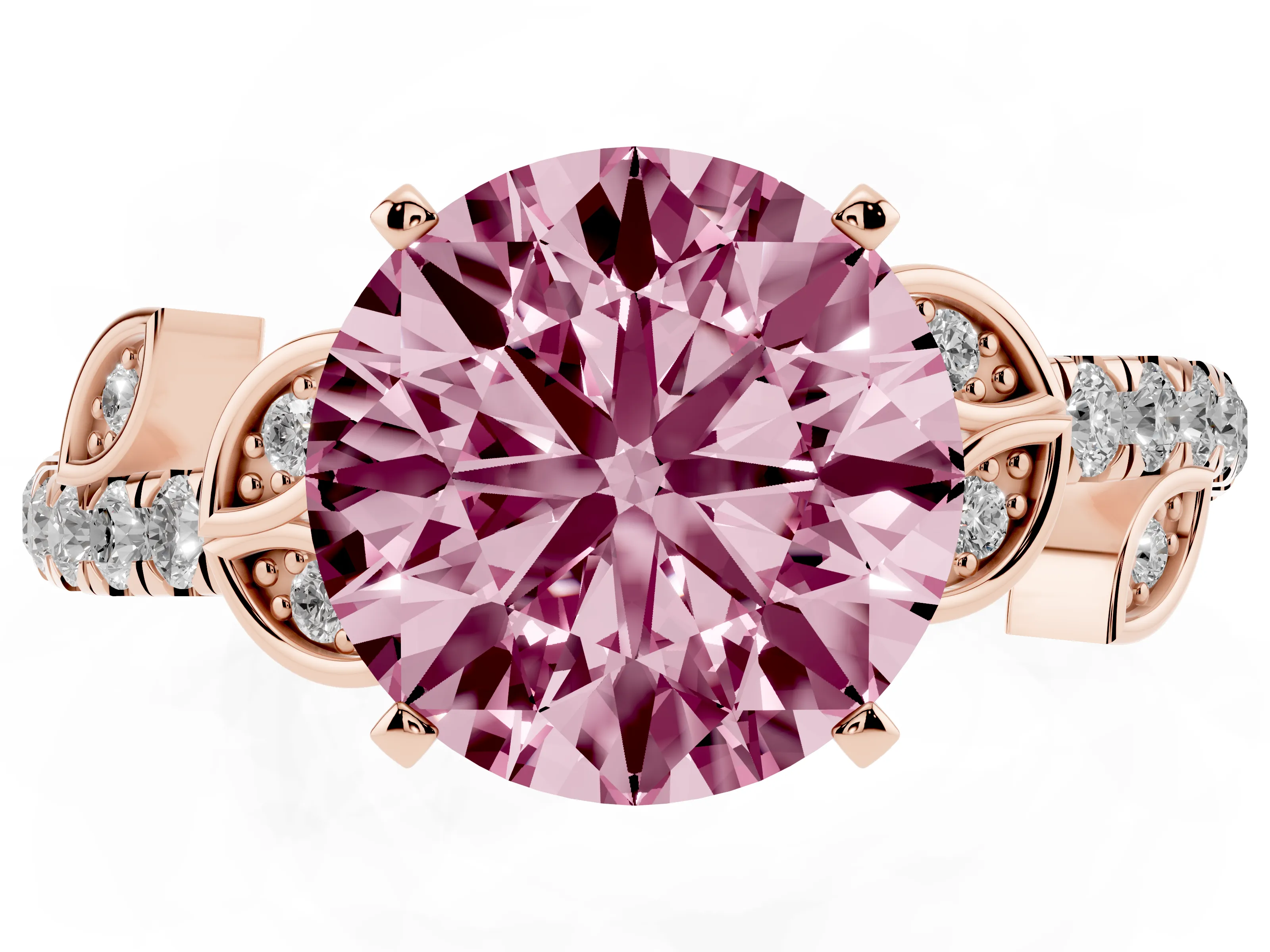 Fancy Pink Round Cut Diamond Solitaire Leaf-Inspired Ring Set in Rose gold with Pavé Band and Prong Setting