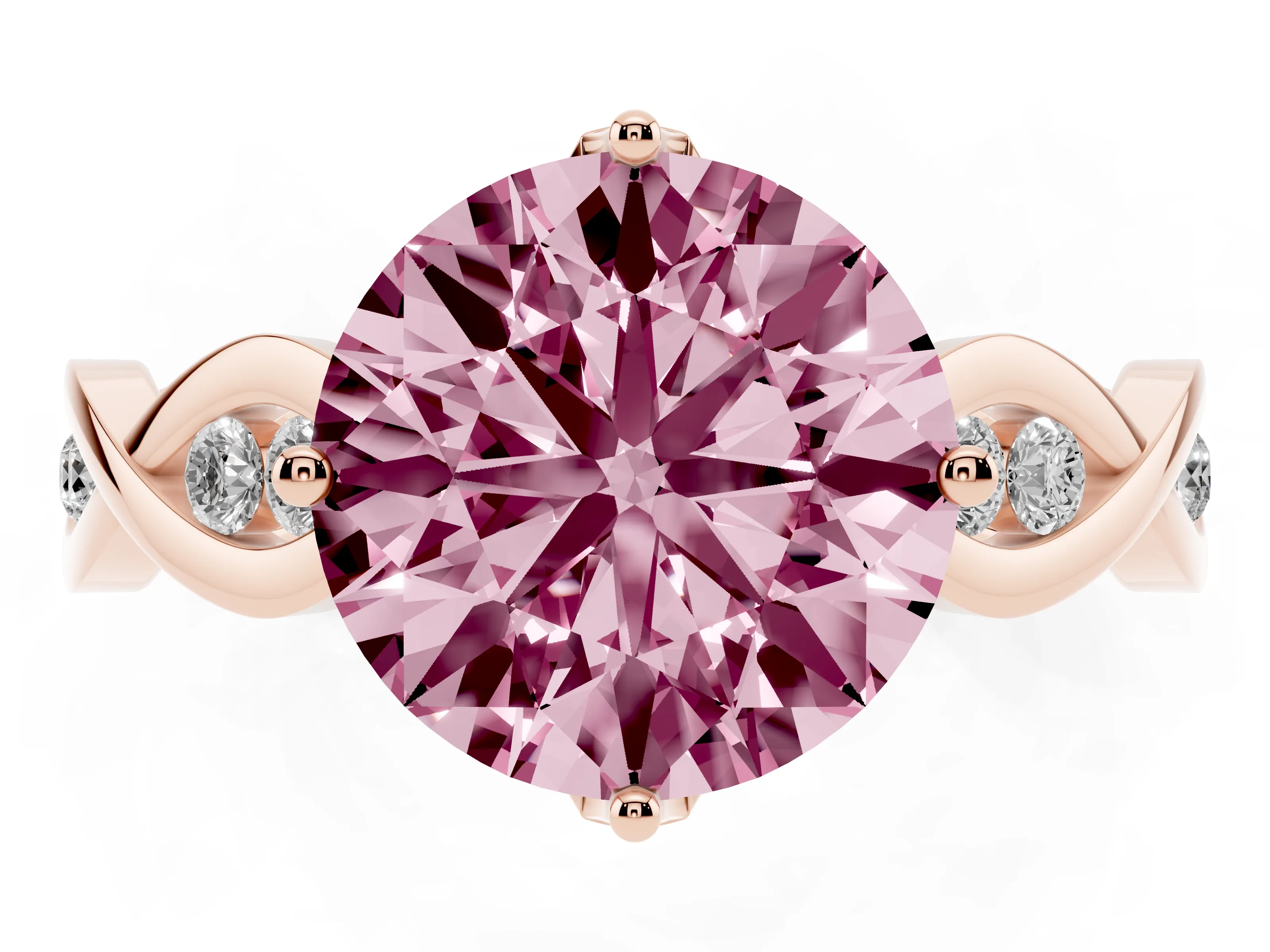 Fancy Pink Round Cut Diamond Twist Band Solitaire Ring Set in Rose gold with Leaf Prong Setting and Accent Stones