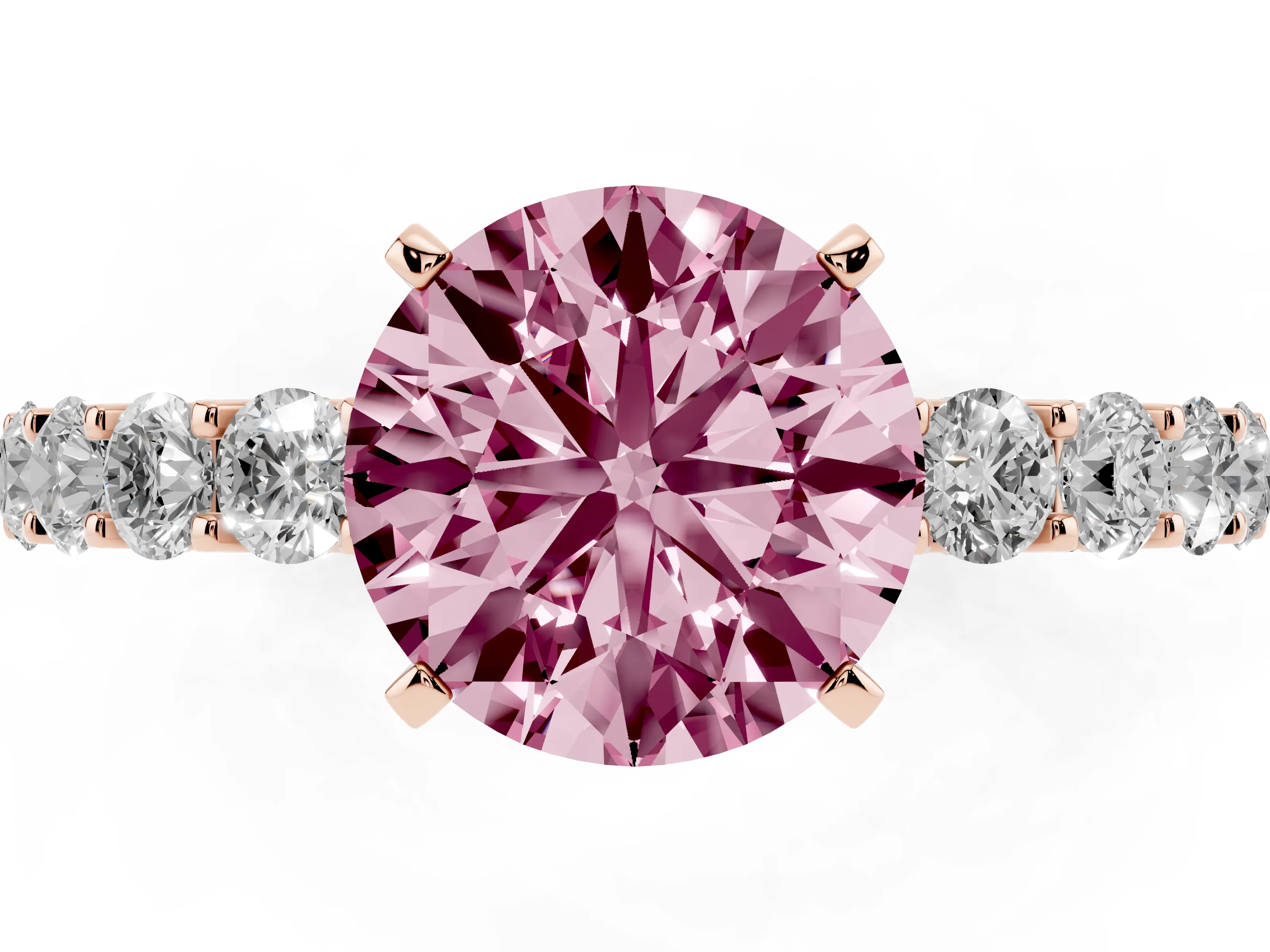 Fancy Pink Round Cut Diamond Solitaire Ring Set in Rose gold with Shared Prong Pavé Band