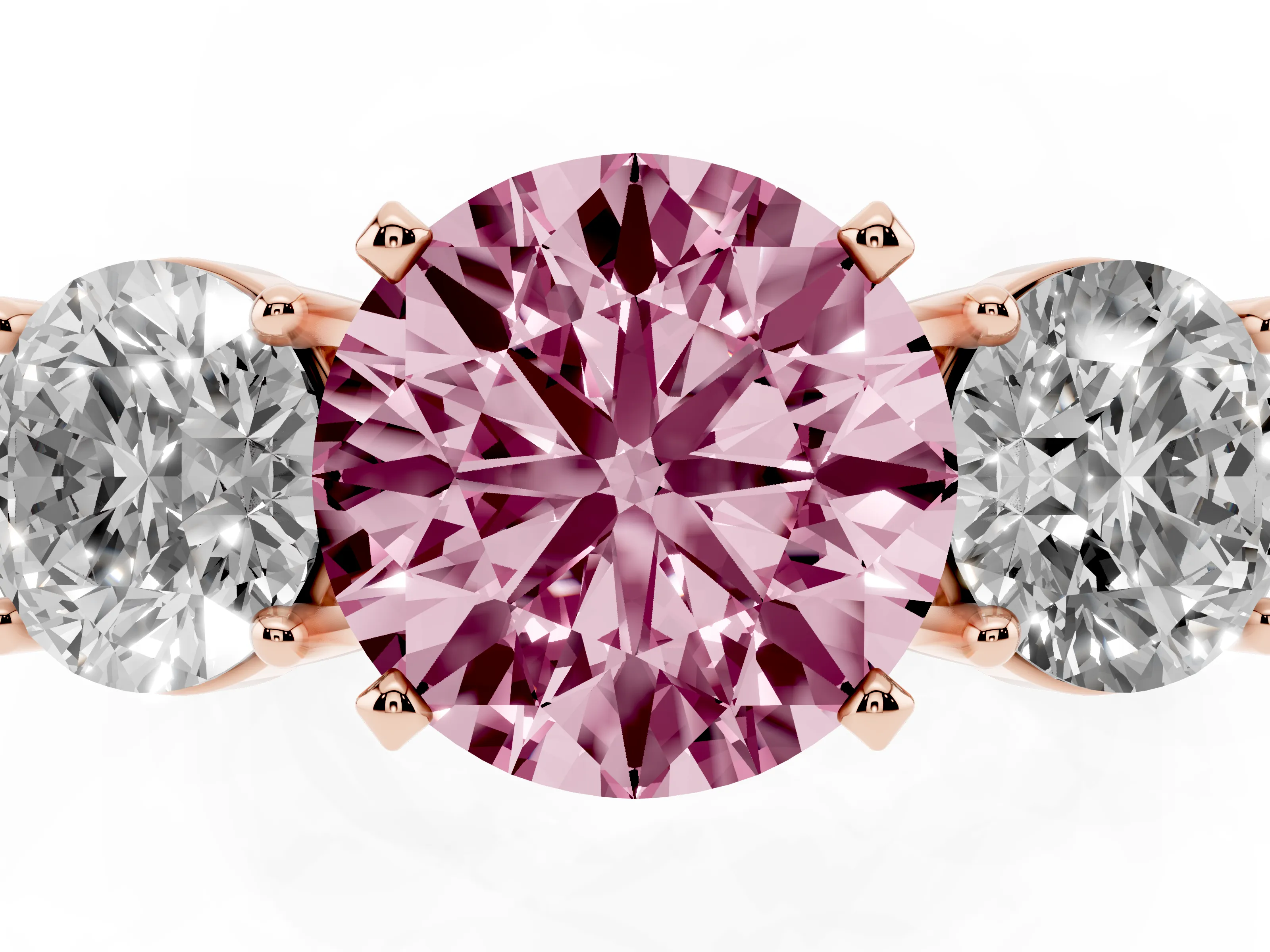 Fancy Pink Round Cut Diamond Three-Stone Ring Set in Rose gold with Round Side Stones and Classic Band