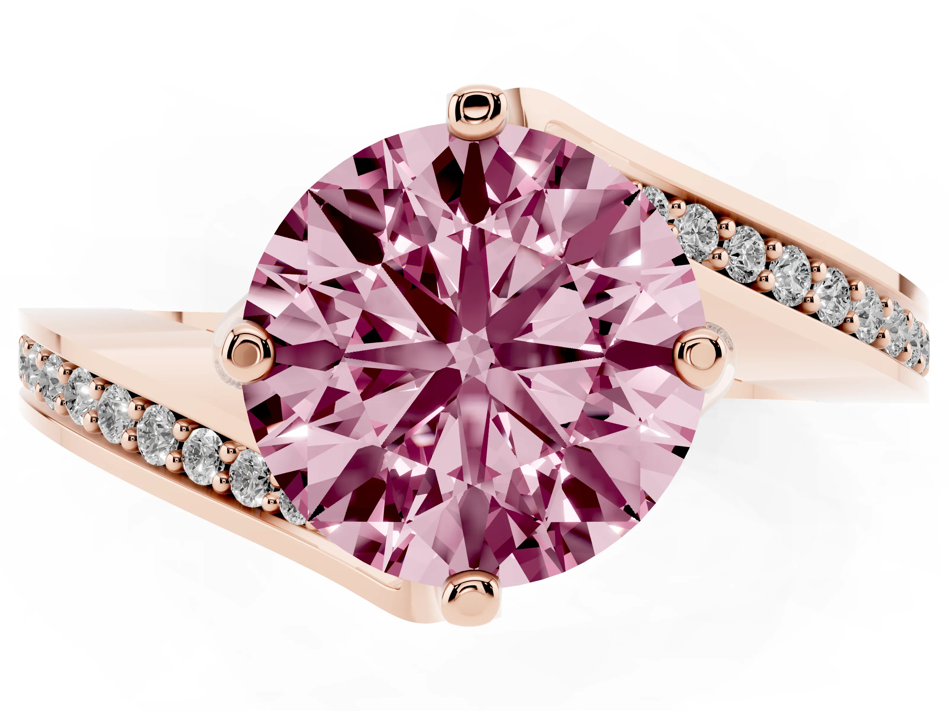 Fancy Pink Round Cut Diamond Solitaire Ring Set in Rose gold with Intertwined Pavé Twist Band