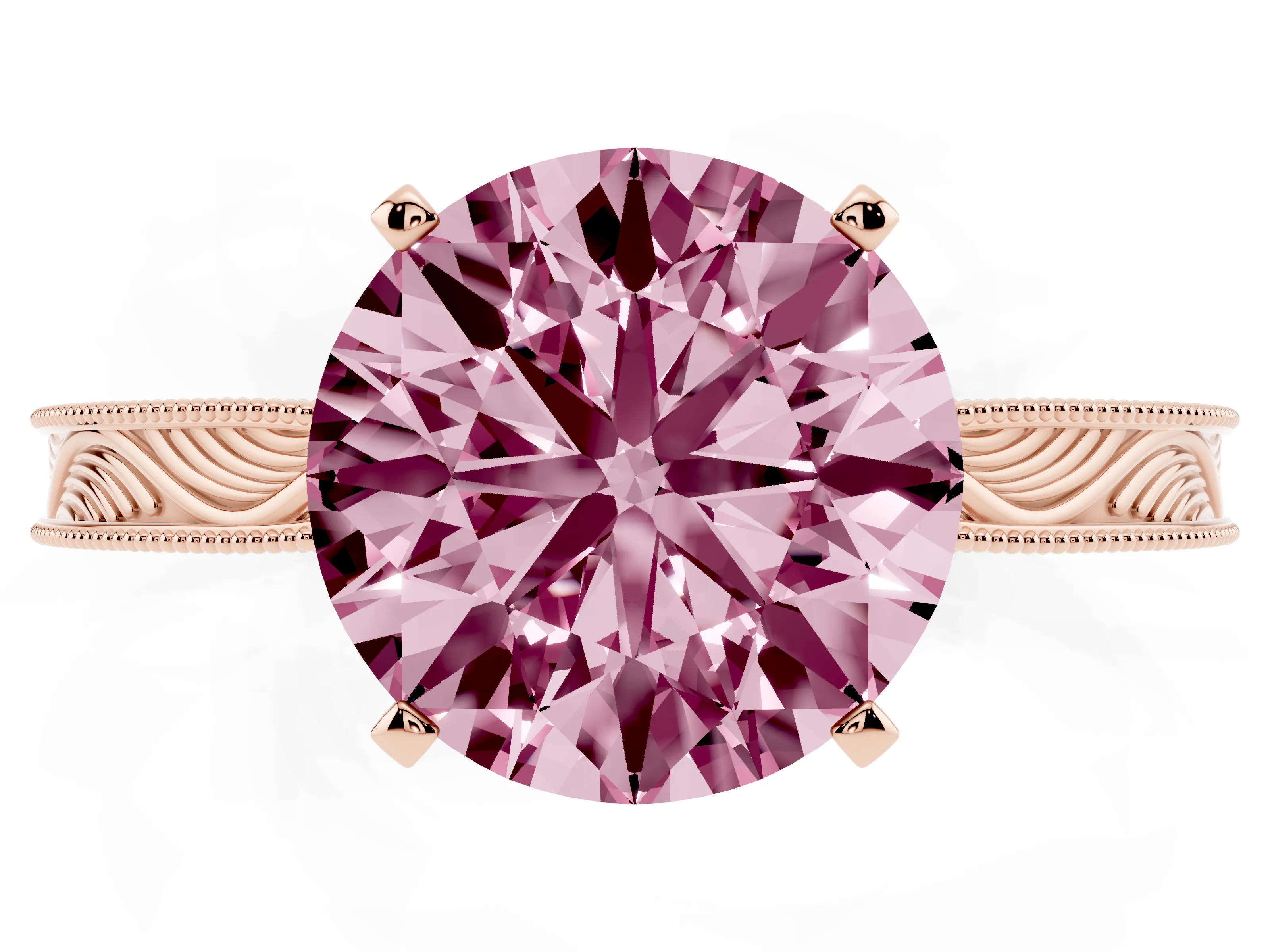 Fancy Pink Round Cut Diamond Solitaire Milgrain Engraved Band Set in Rose gold with Prong Setting