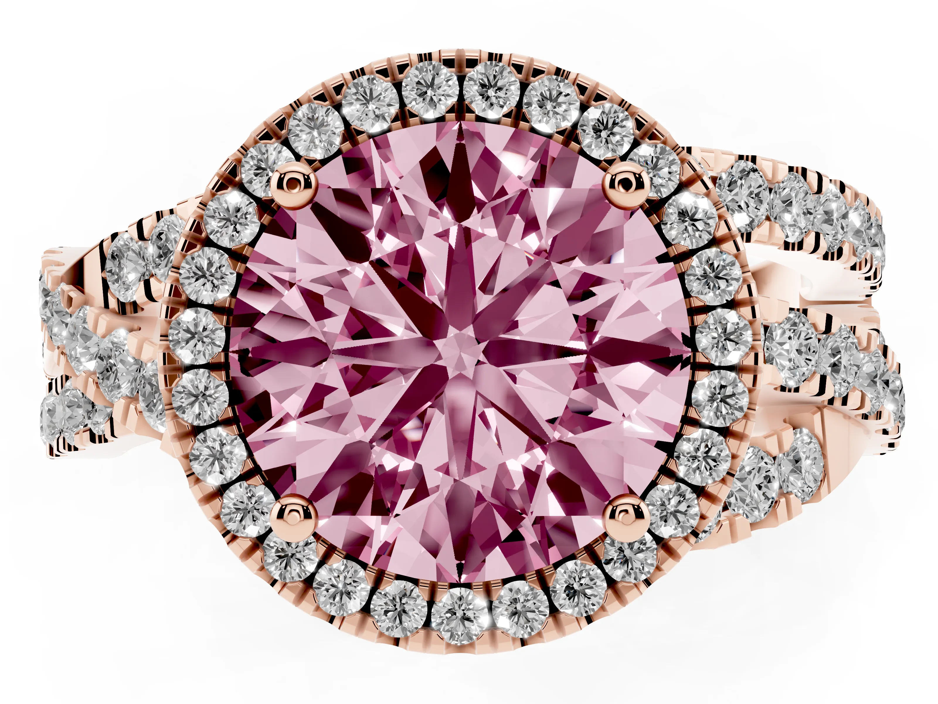 Fancy Pink Round Cut Diamond Halo Ring Set in Rose gold with Round Crossover Split Shank and Prong Setting