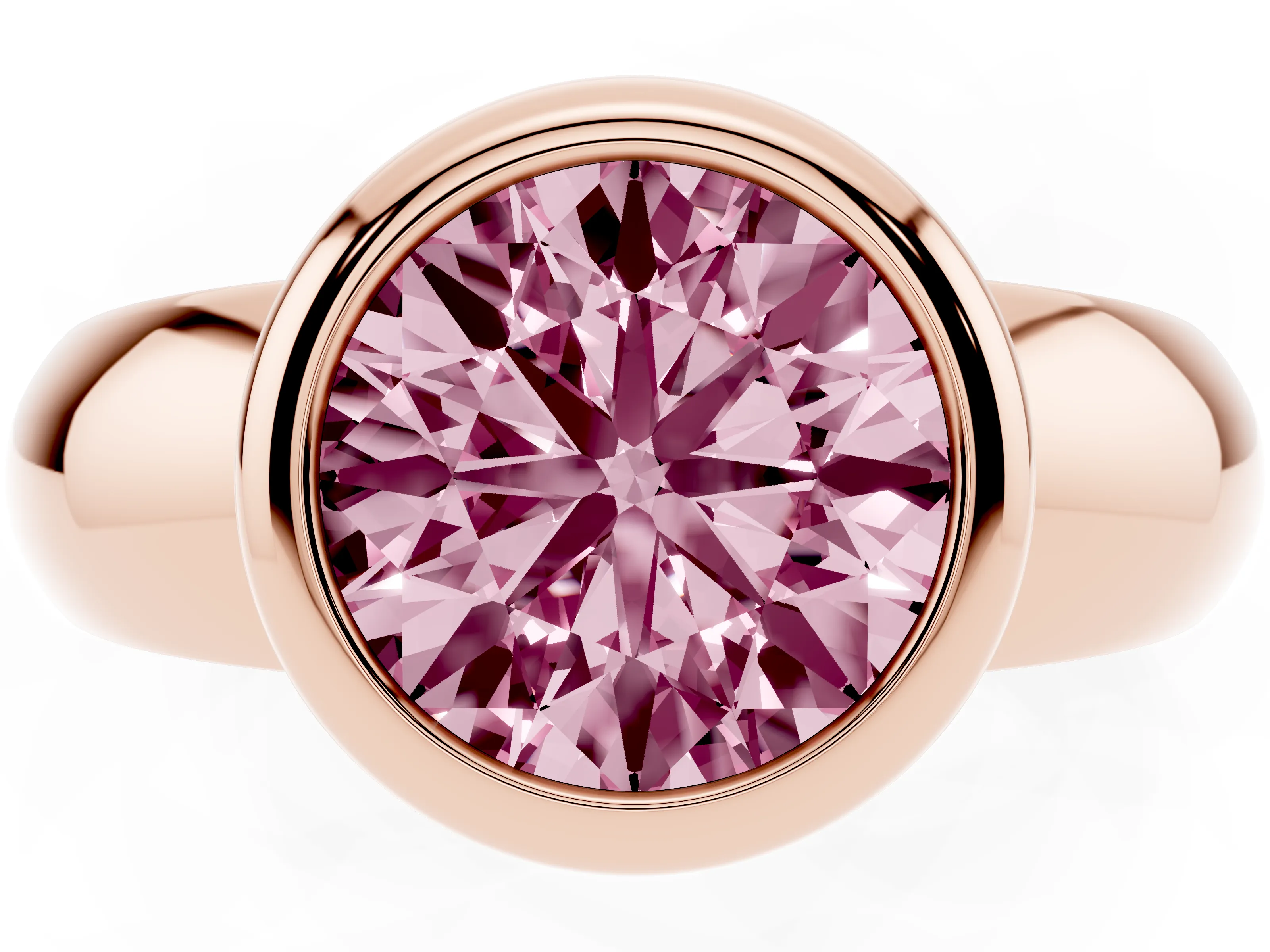 Fancy Pink Bezel Set Round Cut Diamond Solitaire Ring Set in Rose gold with Wide Band
