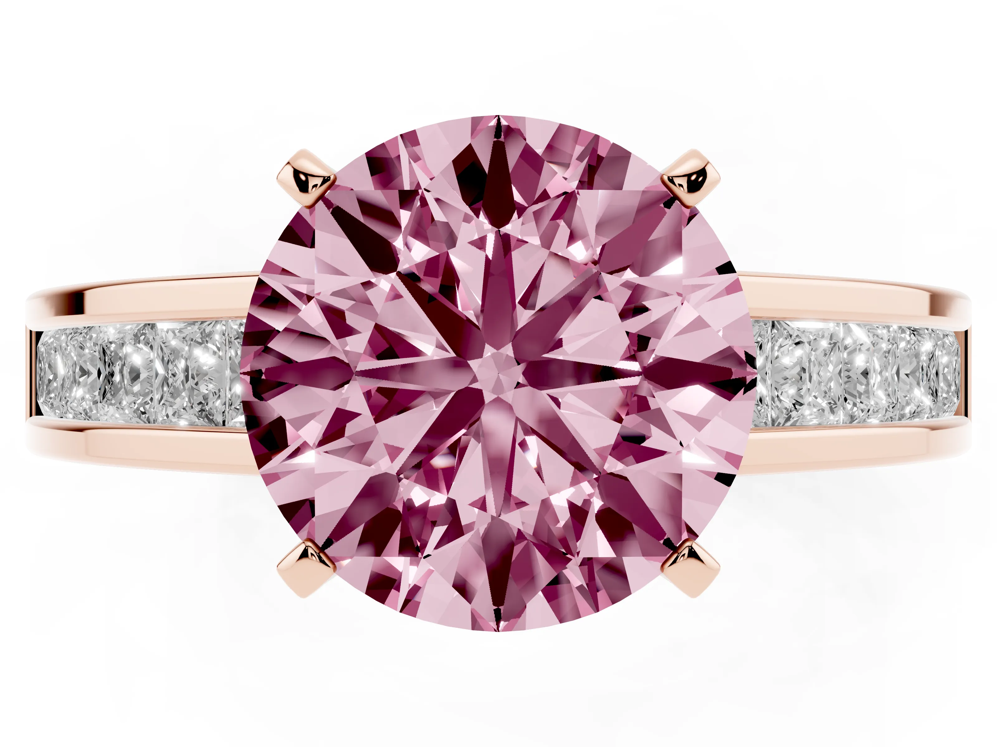 Fancy Pink Round Cut Diamond Solitaire Ring Set in Rose gold with Channel-Set Band and Prong Setting