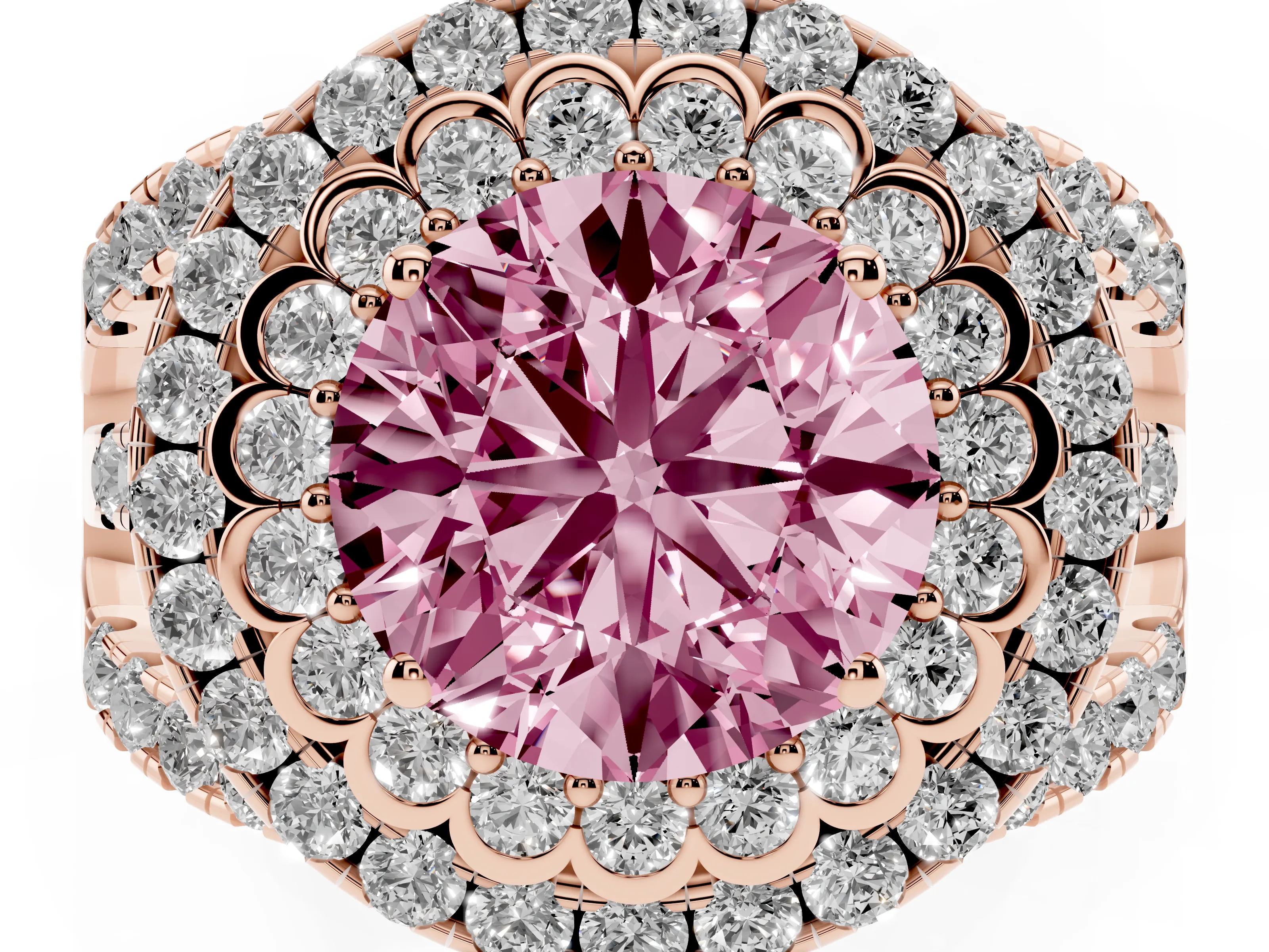 Fancy Pink Round Cut Diamond Double Halo Ring Set in Rose gold with Round Pavé Split Shank
