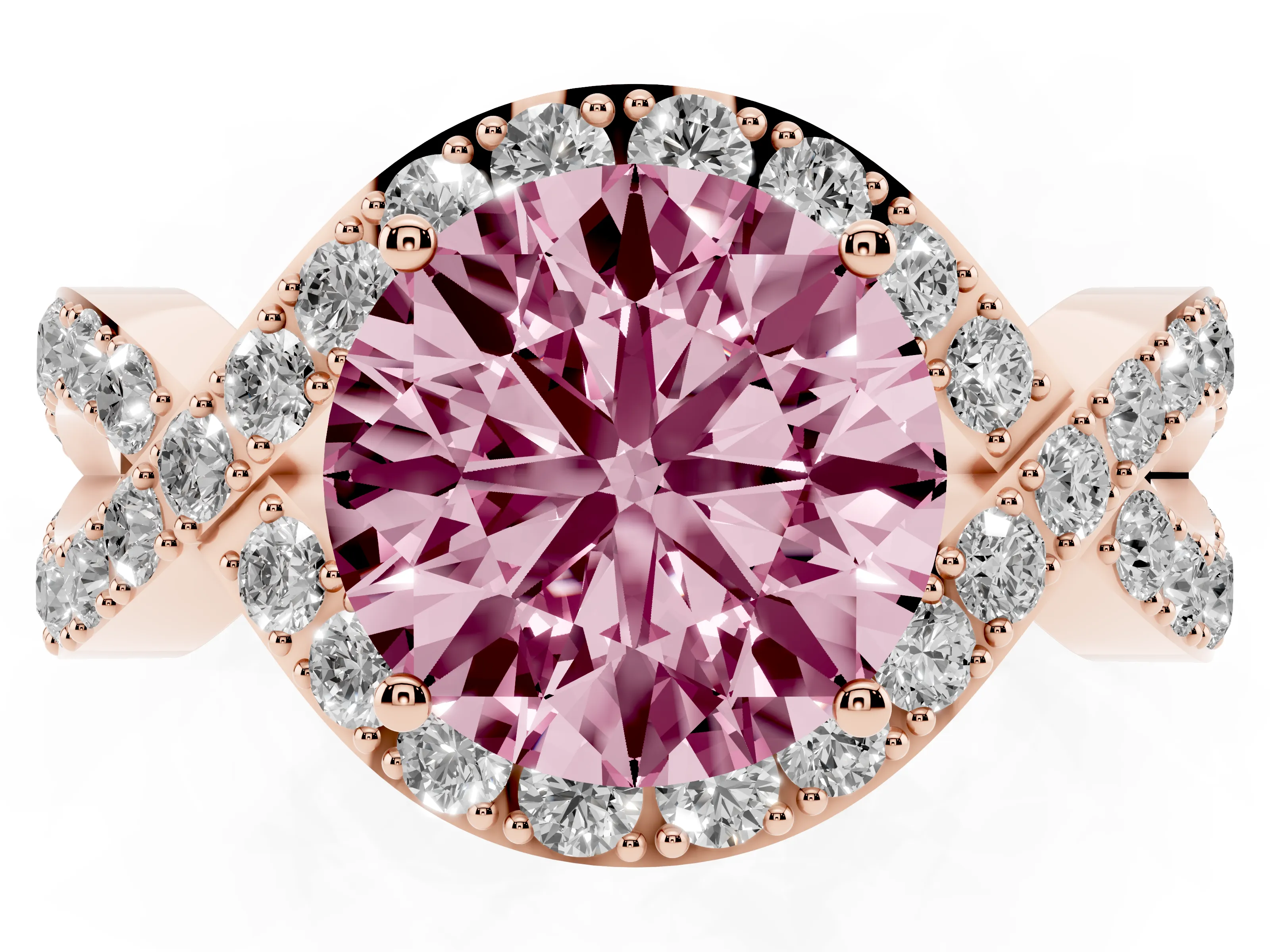 Fancy Pink Round Cut Diamond Solitaire Twist Band Pavé Engagement Ring Set in Rose gold