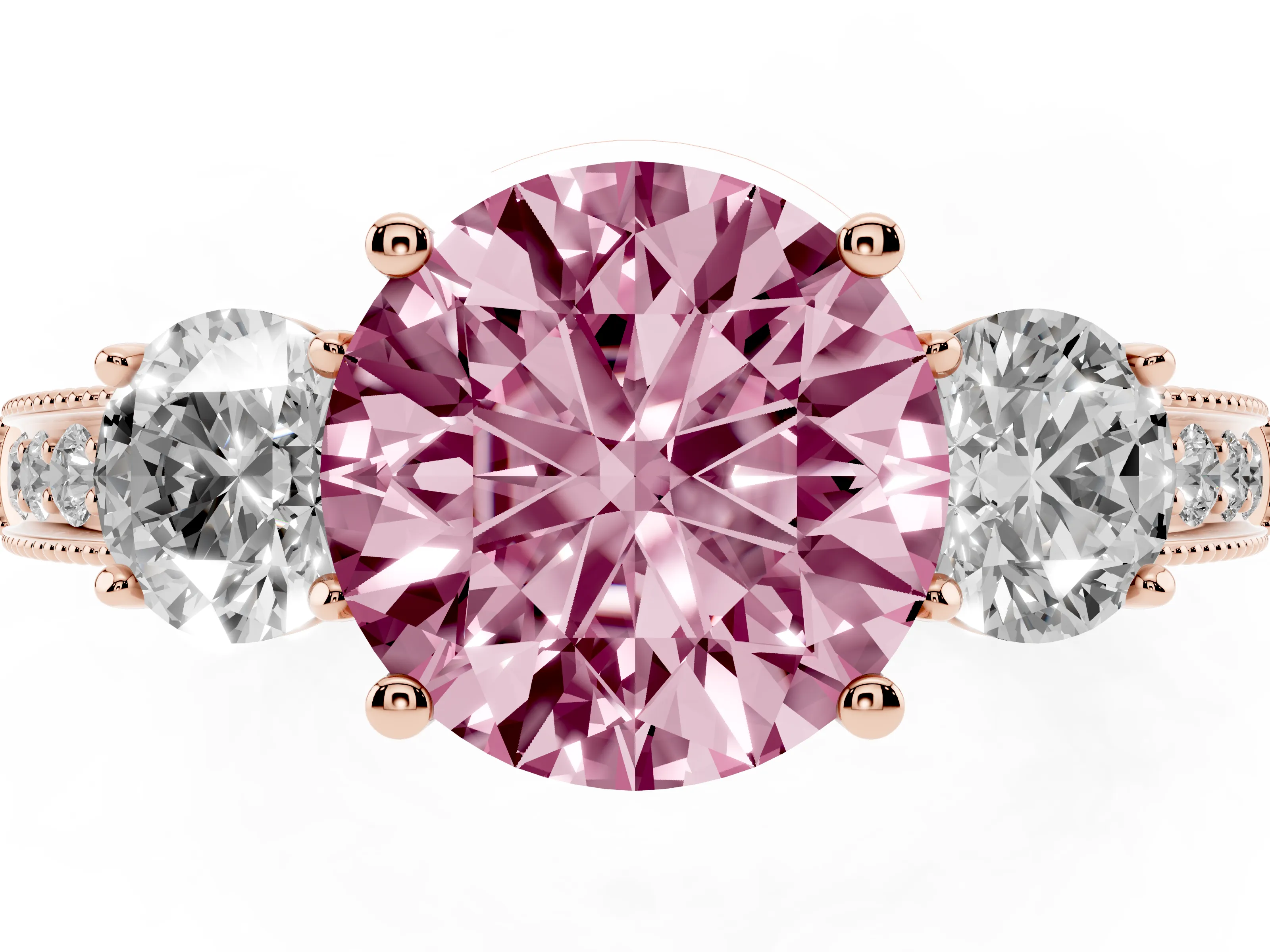 Fancy Pink Round Cut Diamond Three-Stone Ring Set in Rose gold with Round Side Stones and Pavé Band