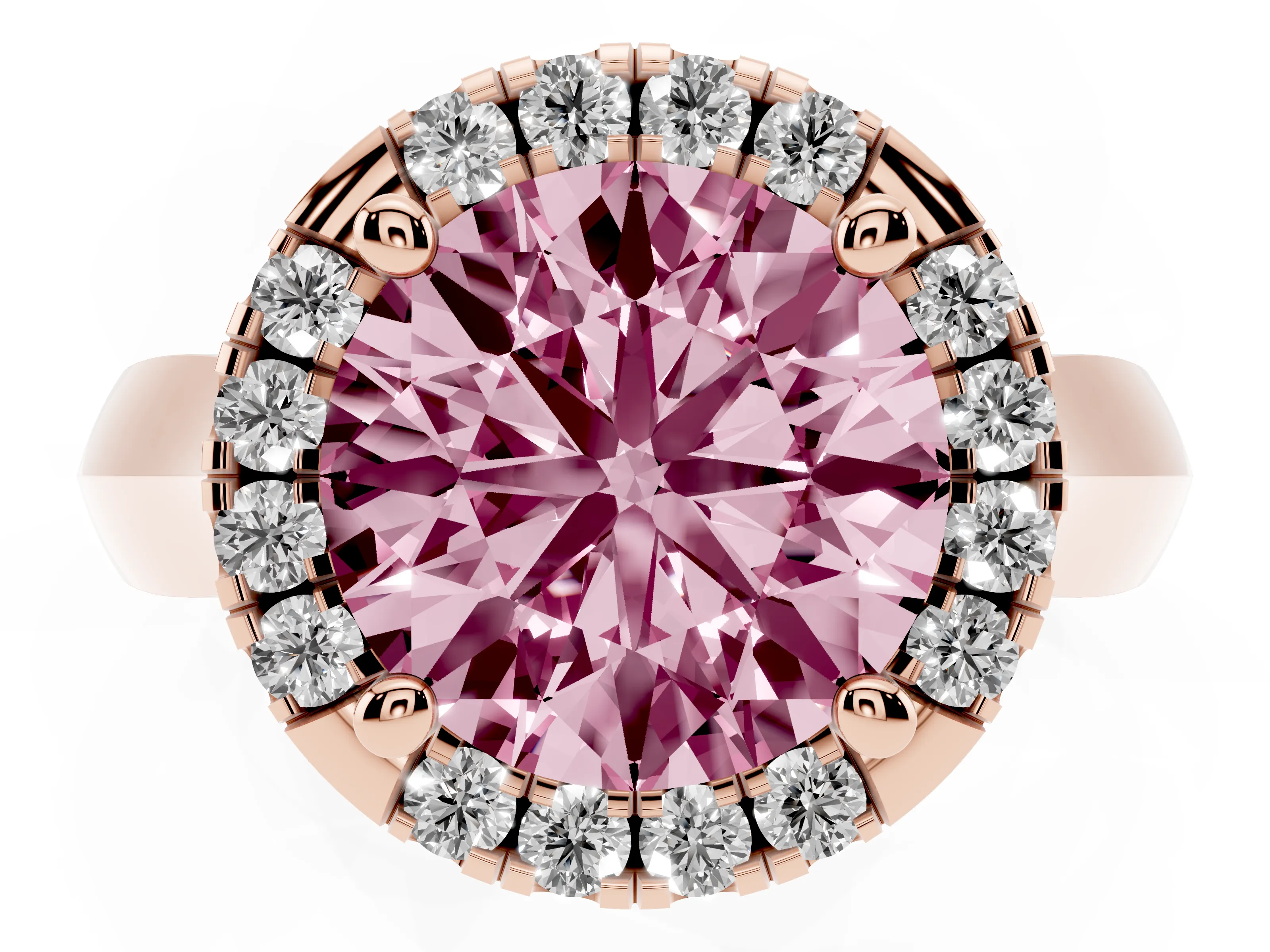 Fancy Pink Round Cut Diamond Halo Solitaire Engagement Ring Set in Rose gold with Square Band and Prong Setting