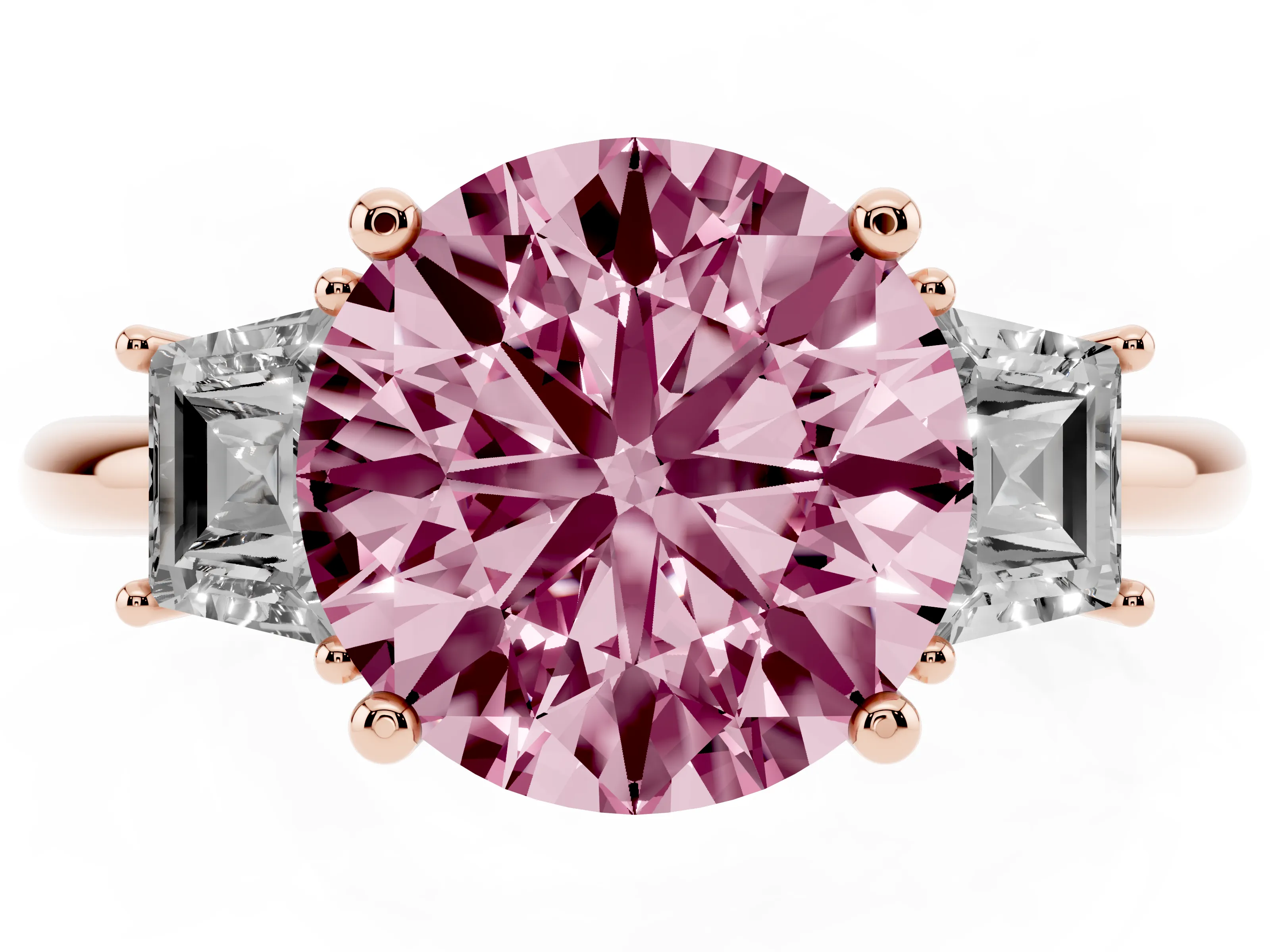 Fancy Pink Round Cut Diamond Three-Stone Ring Set in Rose gold with Trapezoid Side Stones and Prong Setting