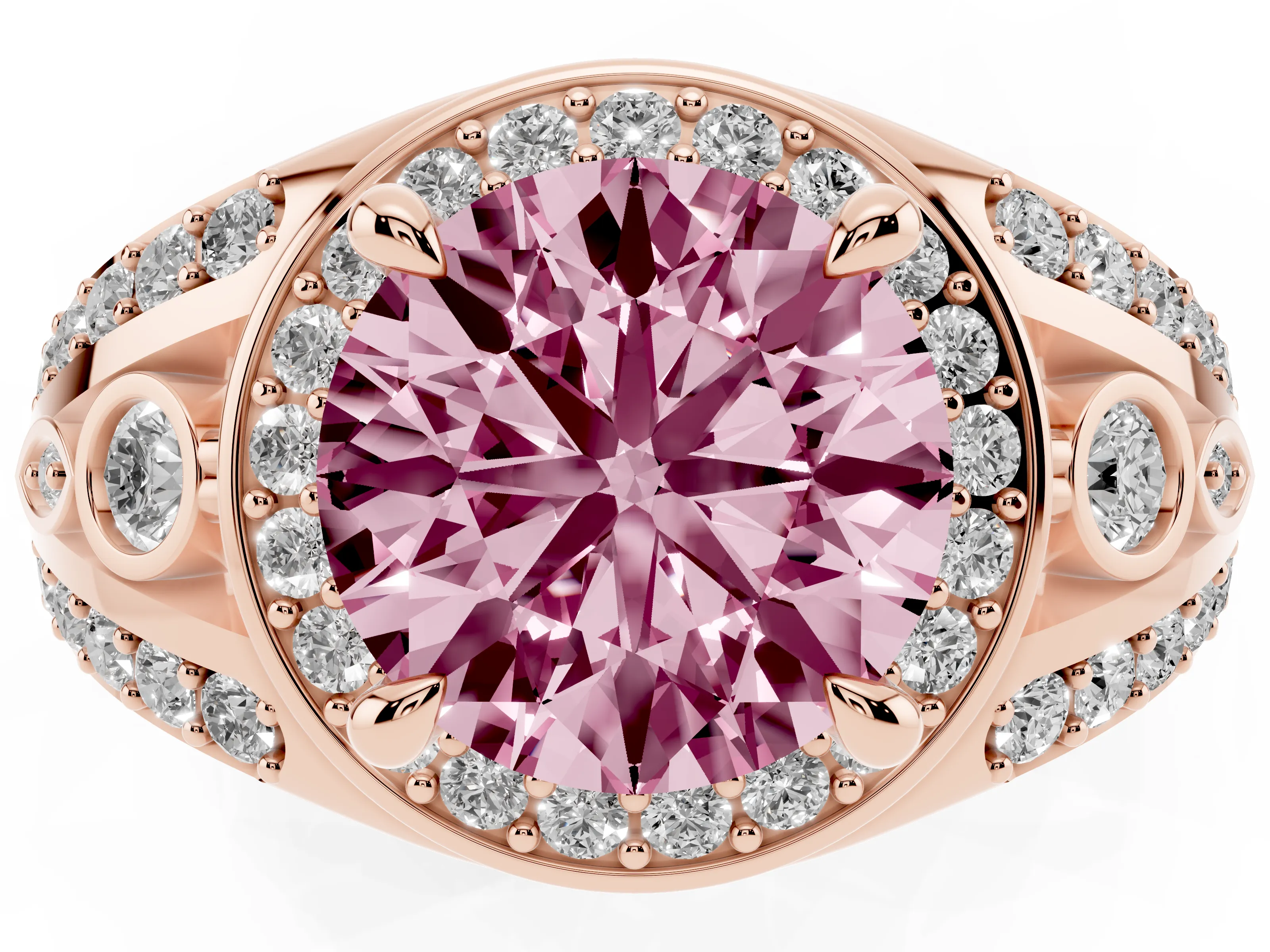 Fancy Pink Round Cut Diamond Halo Ring Set in Rose gold with Pavé Split Shank and Bezel Accents