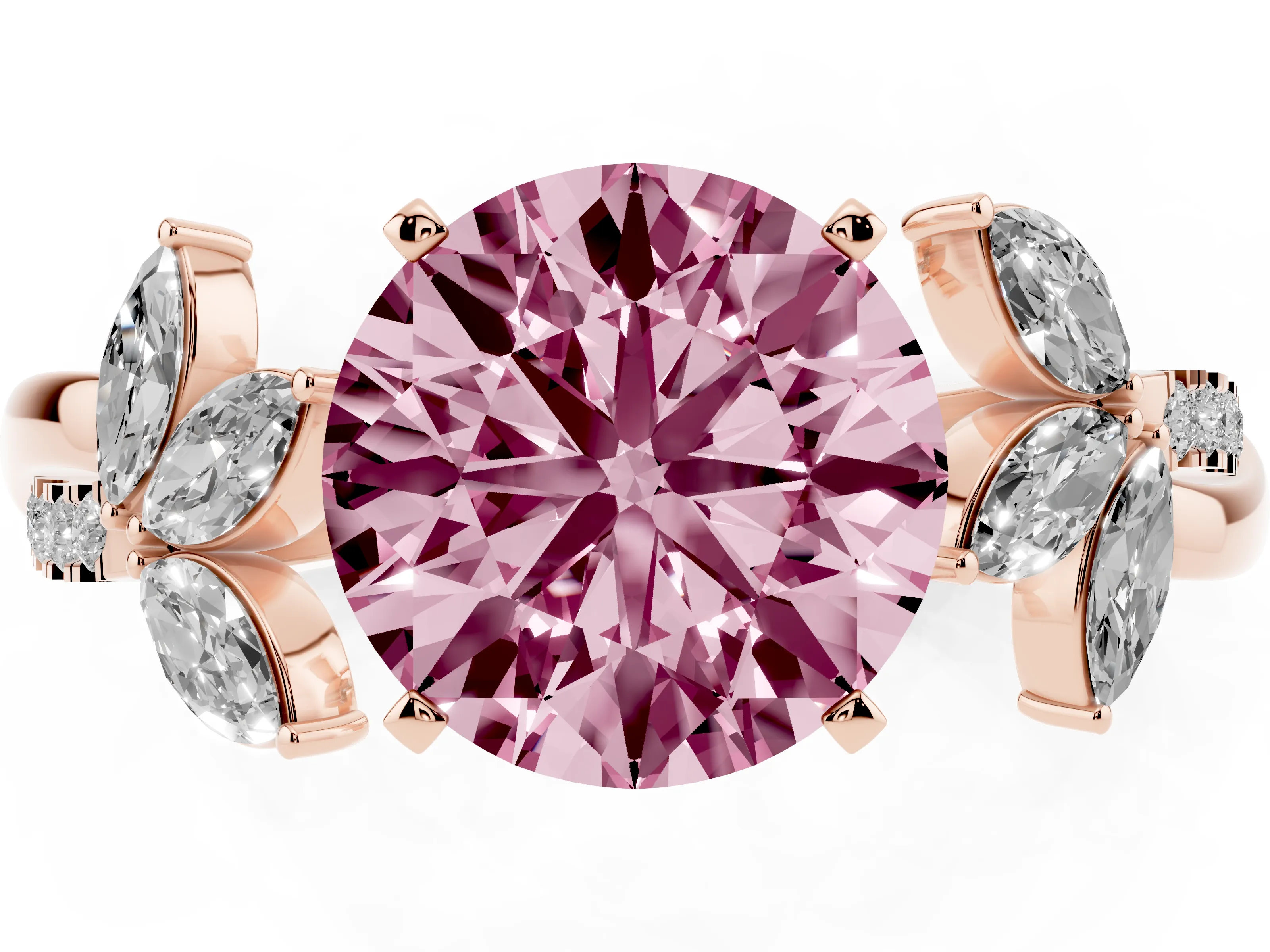 Fancy Pink Round Cut Diamond Floral Vine Solitaire Engagement Ring Set in Rose gold with Marquise Leaves