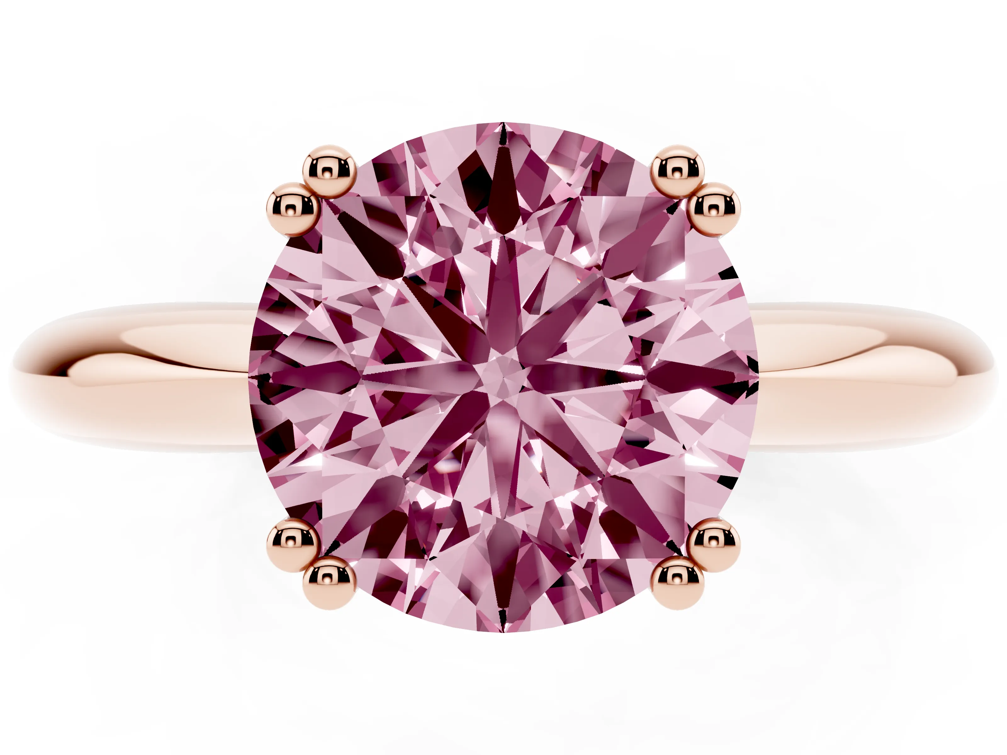 Fancy Pink Round Cut Diamond Solitaire Engagement Ring Set in Rose gold with Tapered Band and Prong Setting