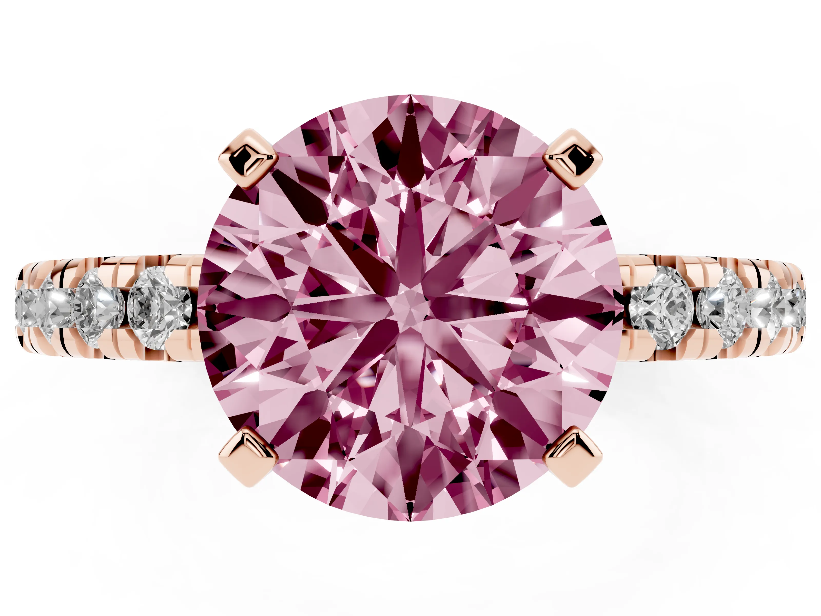 Fancy Pink Round Cut Diamond Solitaire Pavé Engagement Ring Set in Rose gold with Round Band and Prong Setting