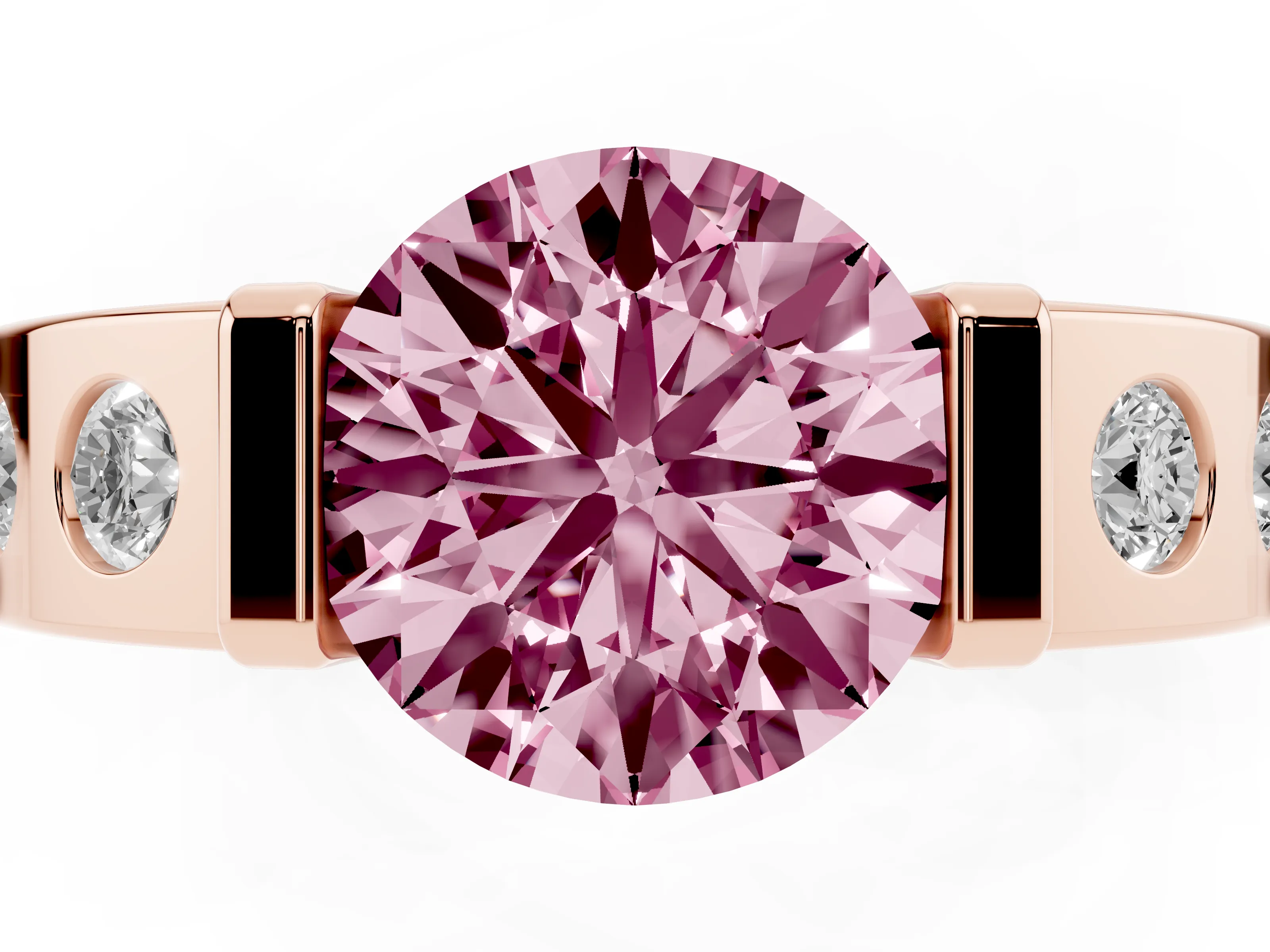 Fancy Pink Round Cut Diamond Channel-Set Band Ring Set in Rose gold with Bezel Prong Setting