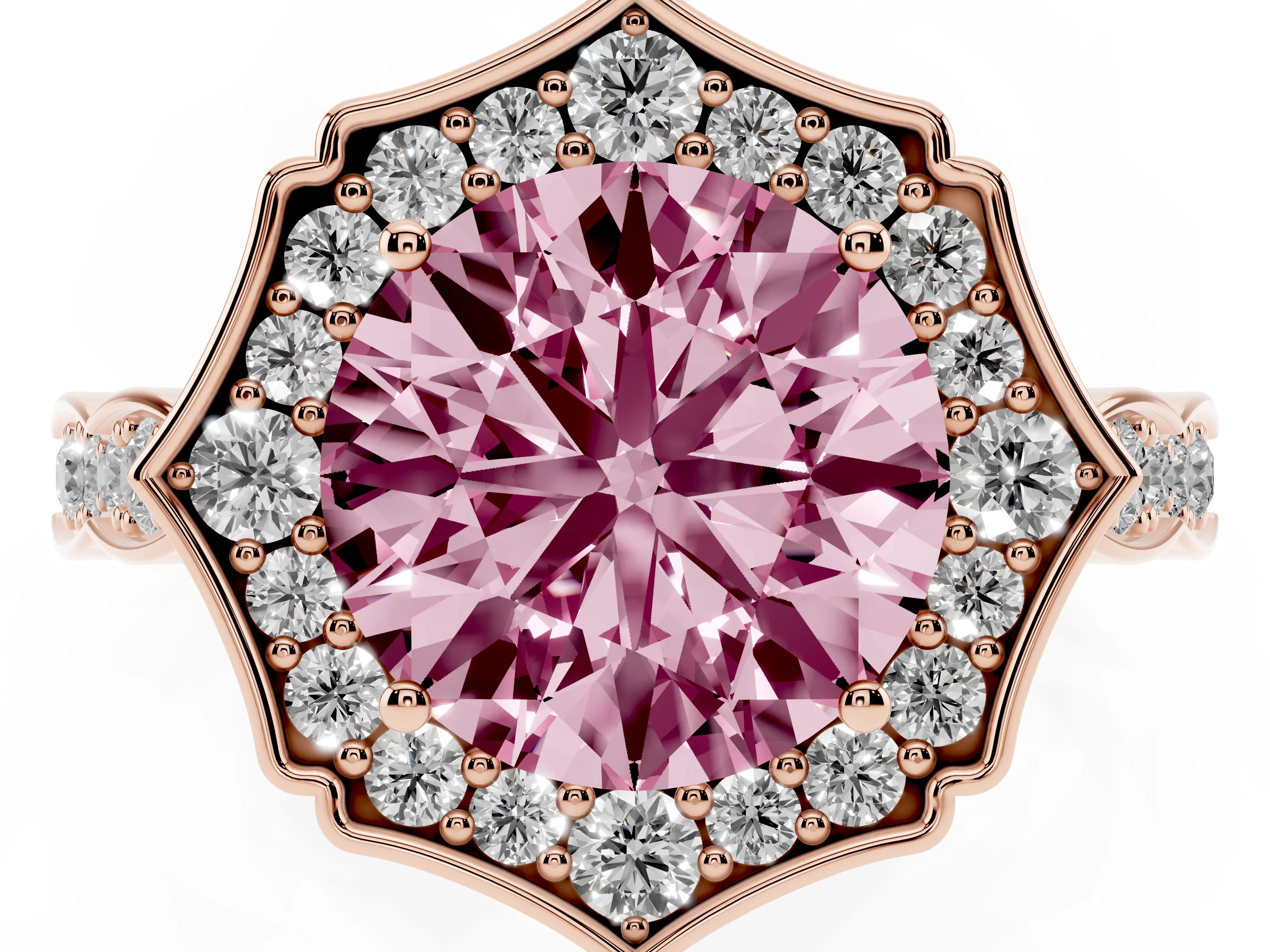 Fancy Pink Round Cut Diamond Halo Engagement Ring Set in Rose gold with Milgrain Band and Prong Setting
