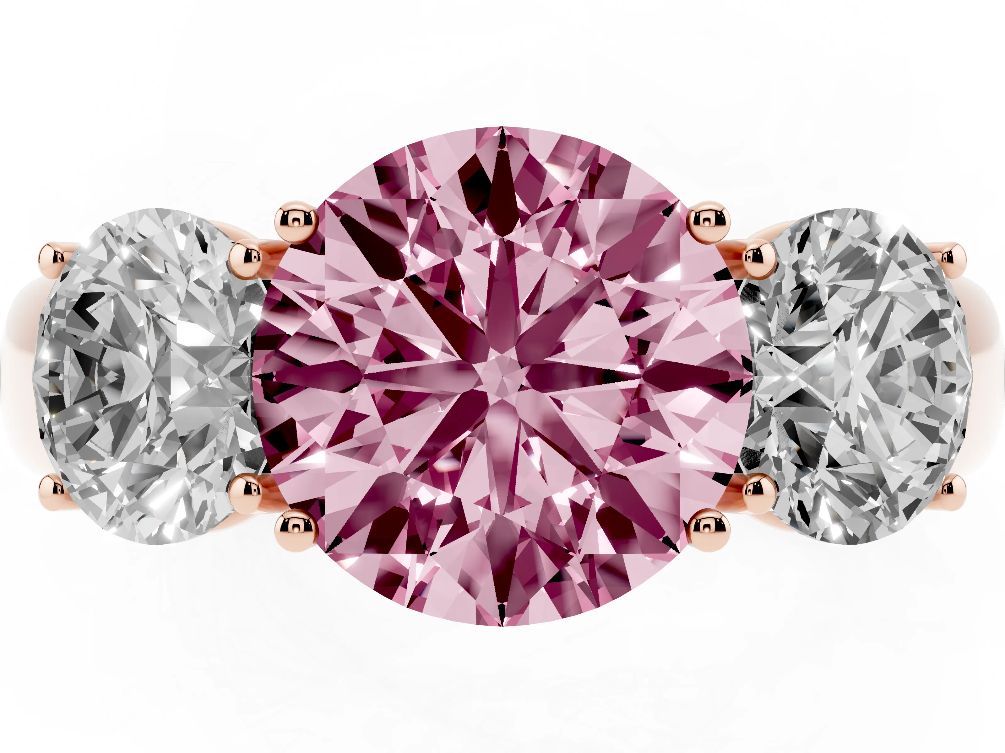 Fancy Pink Three-Stone Round Cut Diamond Ring Set in Rose gold with Matching Prong Settings and Plain Band