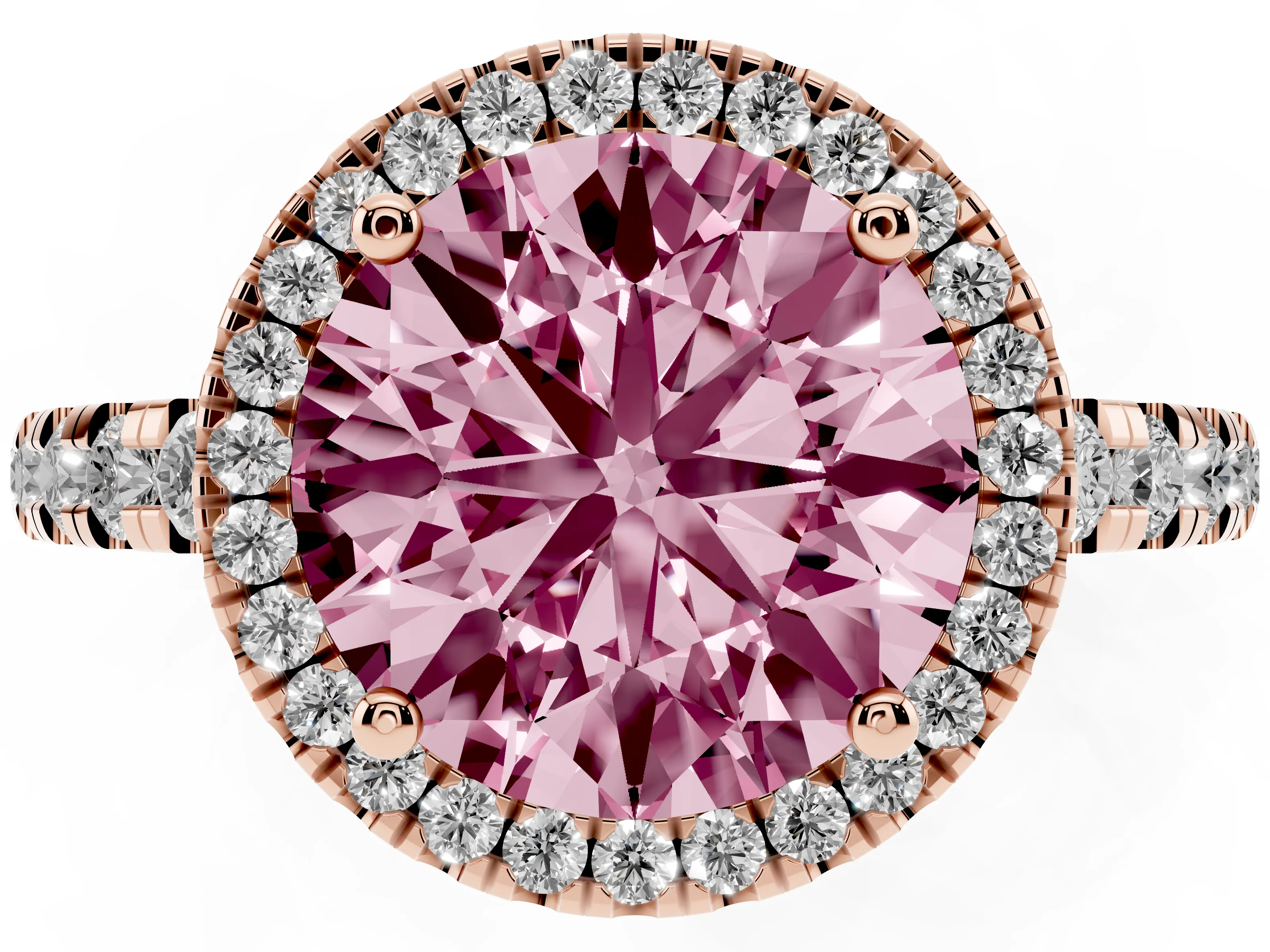 Fancy Pink Round Cut Diamond Halo Ring Set in Rose gold with Delicate Pavé Band and Prong Setting
