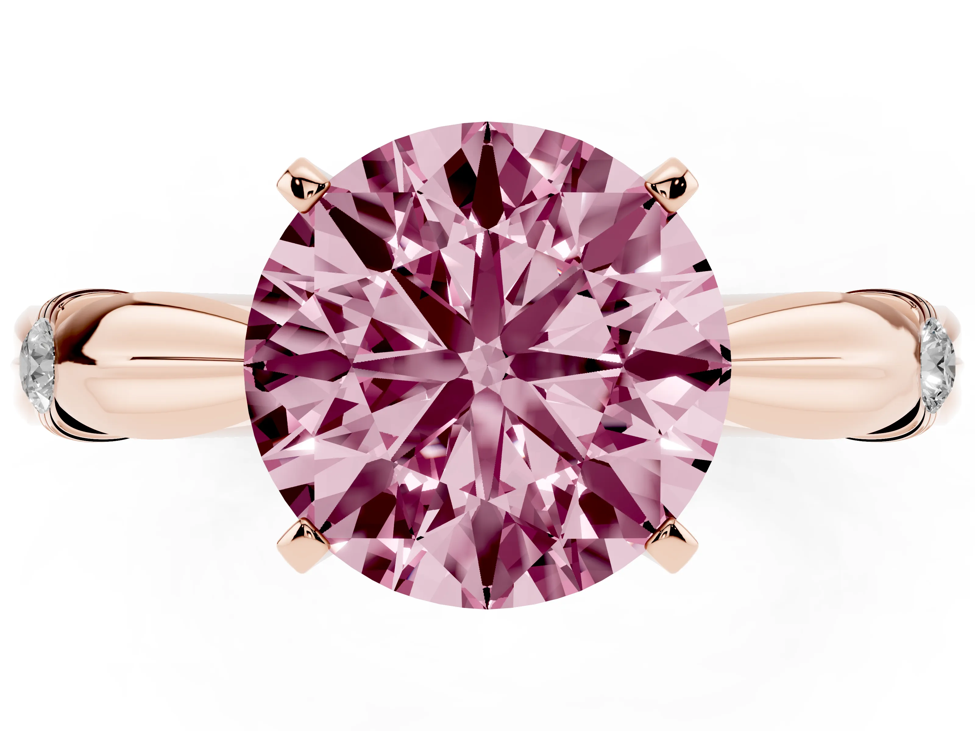 Fancy Pink Round Cut Diamond Solitaire Twisted Band Ring Set in Rose gold with Accent Stones and Prong Setting