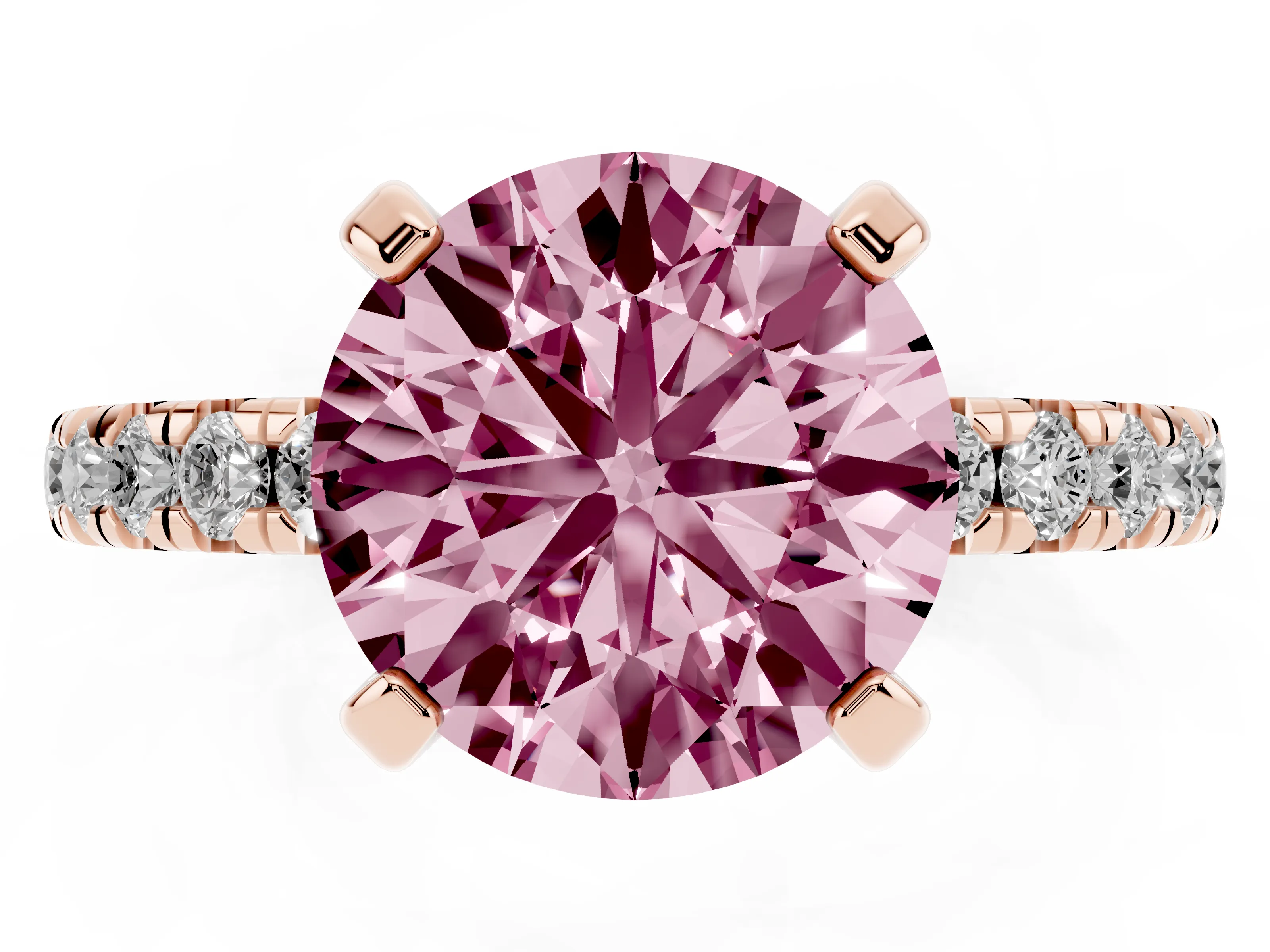 Fancy Pink Round Cut Diamond Pavé Solitaire Ring Set in Rose gold with Round Band and Prong Setting
