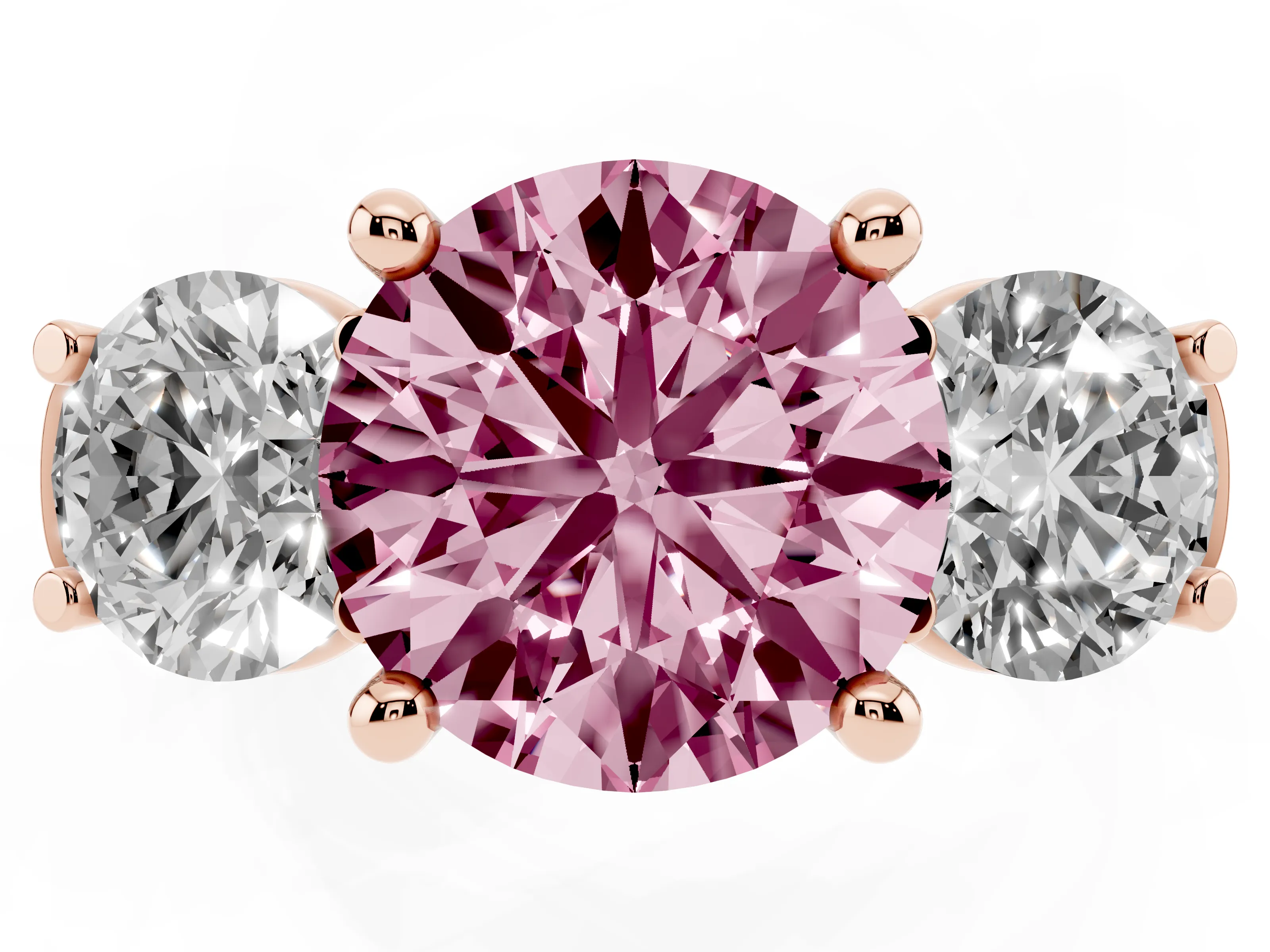 Fancy Pink Round Cut Diamond Three-Stone Trellis Ring Set in Rose gold with Comfort Fit Band