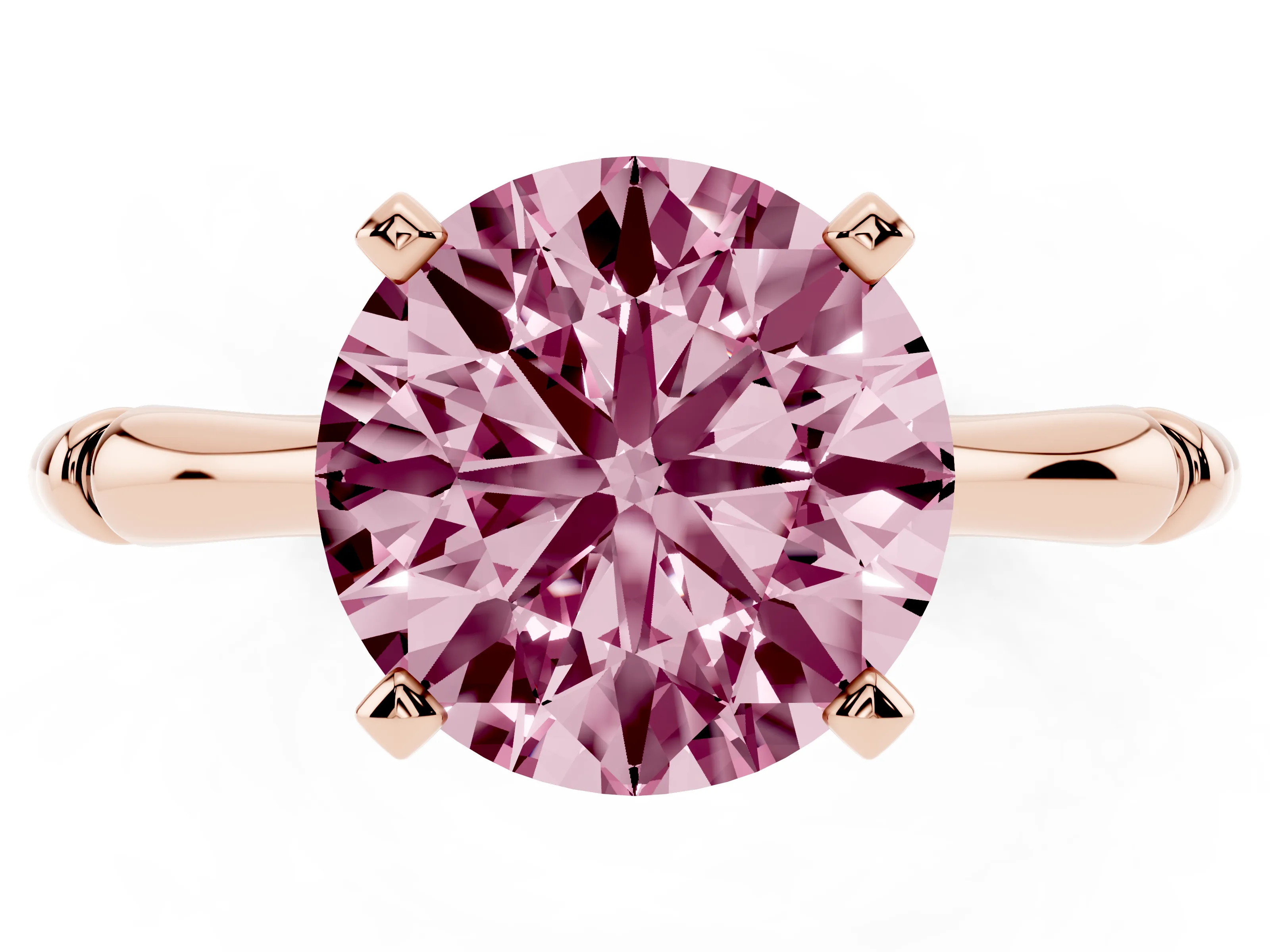 Fancy Pink Round Cut Diamond Solitaire Ring Set in Rose gold with Bamboo Band and Prong Setting