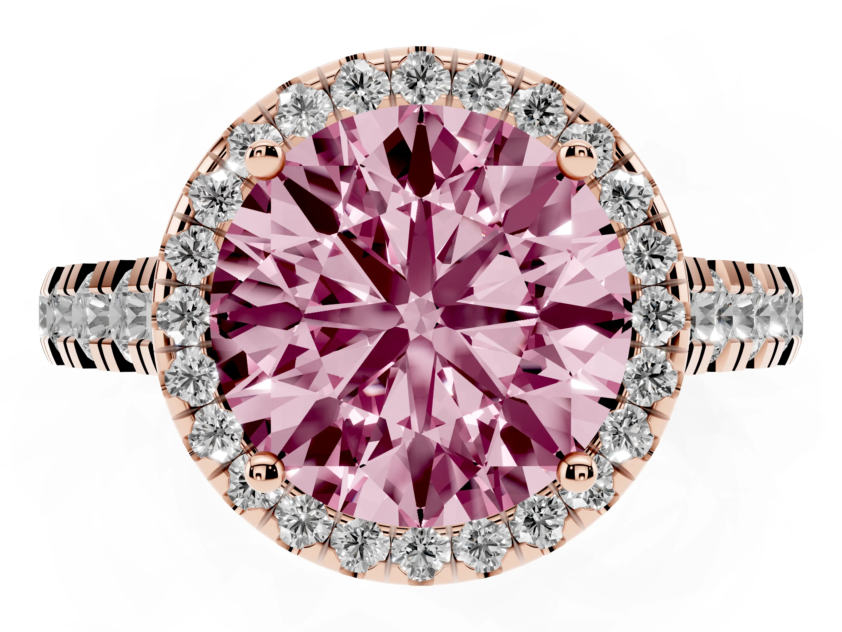 Fancy Pink Round Cut Diamond Halo Engagement Ring Set in Rose gold with Pavé Band and Prong-Set Center