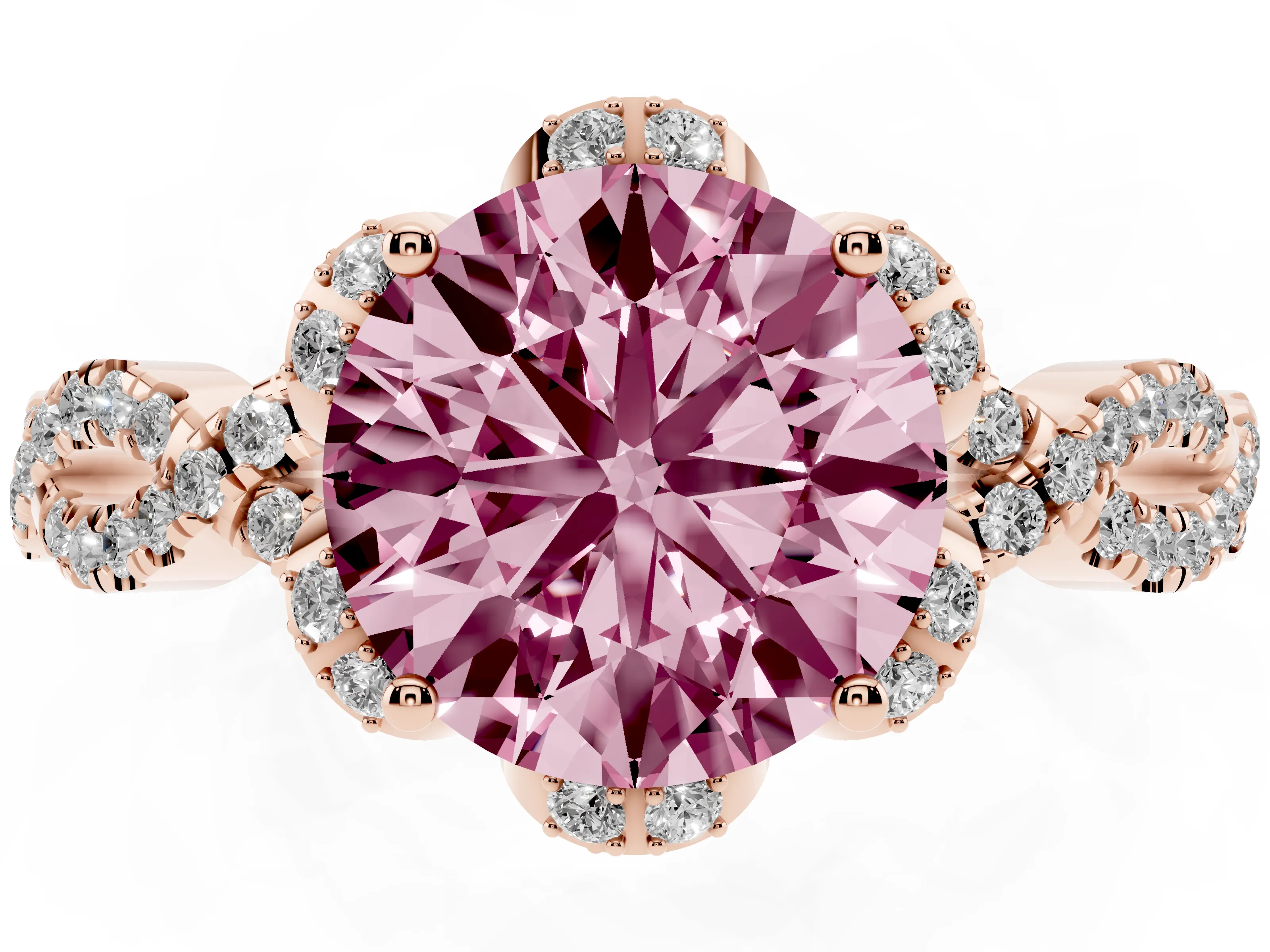 Fancy Pink Round Cut Diamond Halo Twist Band Solitaire Ring Set in Rose gold with Prong-Set Center Stone